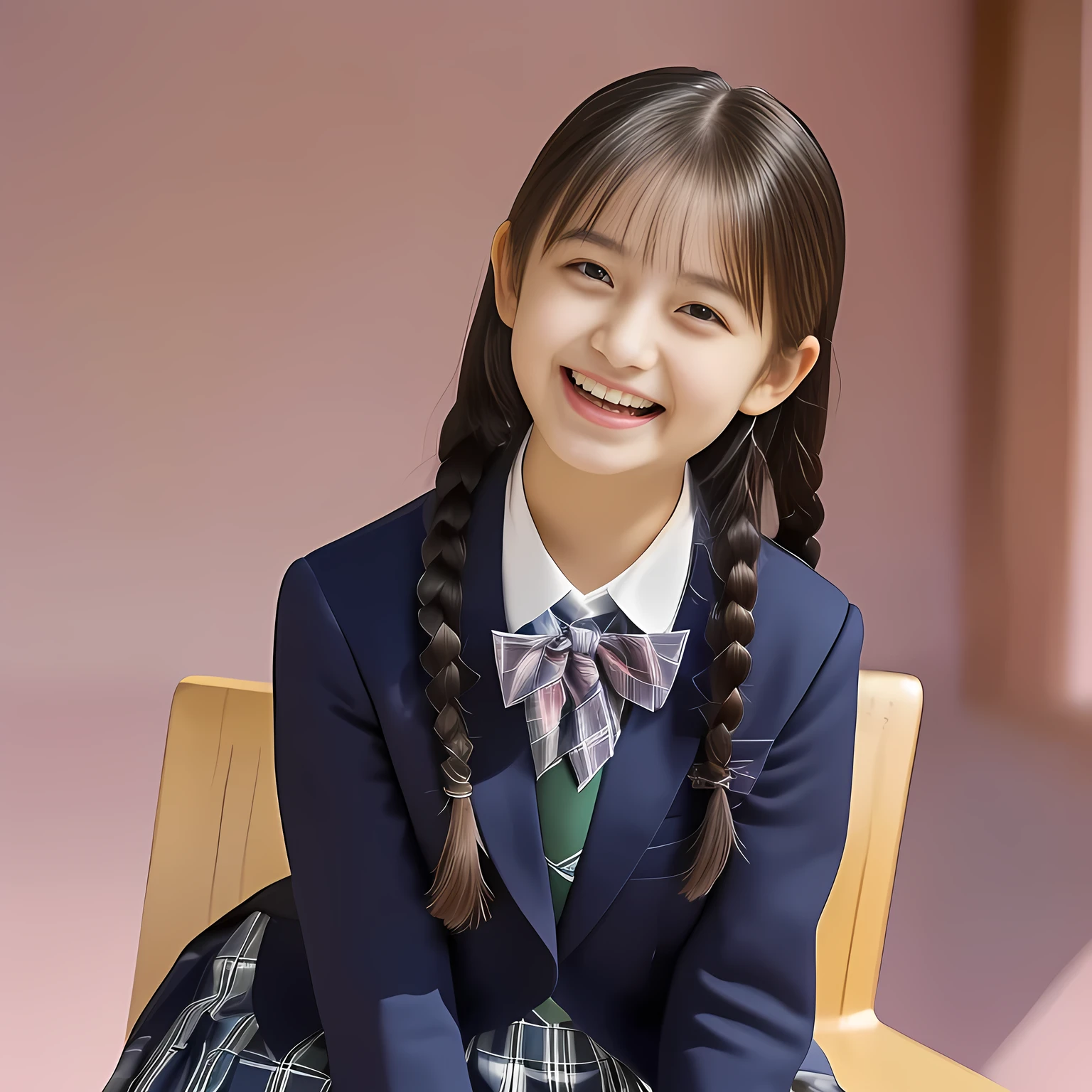 (Highest quality, masterpiece:1.2), Highest quality, High resolution, 1080P, 8k, height: 158cm, (Some girls, noble, Japanese **** fashion model is seated and smiling directly at me in school uniform, sleepy, expressing her happiness to me with her kawaii supreme: 1.8), (well arranged, balanced, neat tight braids under her ear), (Half-closed, Looking up to me, Very sleepy, Double-eyelids, completely balanced, brown large large dreaming sleepy eyes with detailed beautifully: 1.6), (Open mouth with glossy lips and shedding lot of drool: 1.6), (Drives me crazy for her navy-colored neat tartan checkered blue skirts and make me fall into her navy-colored tartan checkered skirt: 1.2), (Fine white face that looks like she has never been out of home: 1.6), (Navy colored school uniform blazer: 1.6), (Navy blue pleated school uniform tartan checkered skirt: 1.5), (Plain-red school ribbon on the breast), (Complete plain pink background: 1.8), (Girl whom everyone loves because of her beauty and neat school fashion and noble manner and magic-charm of succubus: 1.7), full body shot, (jolly face expression), (evenly cut curled bangs), (Selected as the most beautiful girl in school uniform in Japan: 1.8)