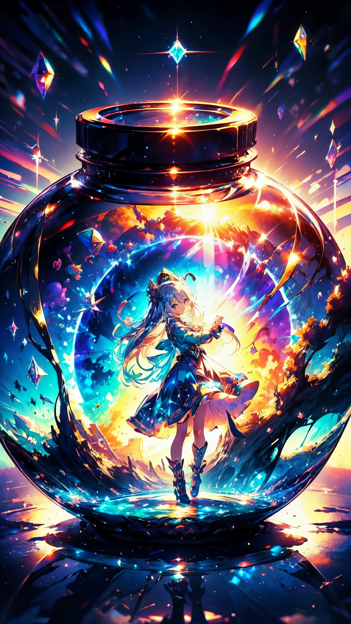 Mysterious world, Fantasy World, Strange World, trick, Large glass jar with lid, ((One Girl)), The girl is in a glass bottle, Holding my knees, sphere, Bubble, seabed, prism, Rainbow, Waterslide, Fantastic Background, crystal, sparkle, Sparkle, Reflection of light, Transparency, colorful, particle effect, caustics, (((ultra detailed))), (((ultra resolution))), (((best quality))), (anime moe art style:1.3), isometric 3D, Octane Rendering,Ray Tracing,