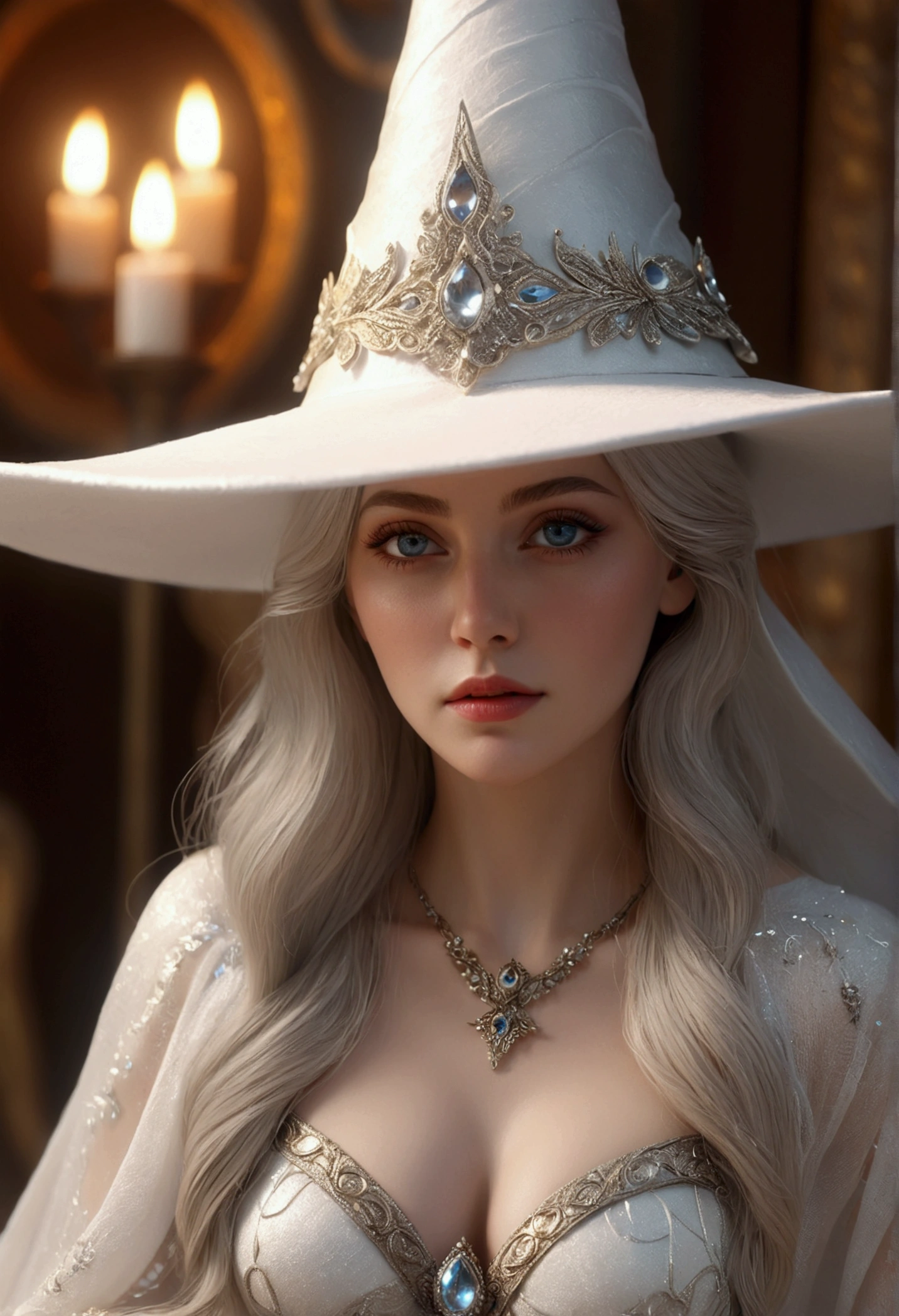 1girl, mature female, goddess, sitting, white witch hat, masterpiece, detailed face, beautiful detailed eyes, beautiful detailed lips, extremely detailed face and eyes, long eyelashes, elegant, serene expression, photorealistic, 8k, hyper detailed, cinematic lighting, ornate, fantasy, magical, glowing, ethereal, warm colors, soft focused background