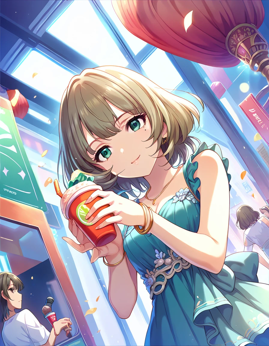 Score_9, Score_8_up, Score_7_up, sauce_anime,
 pinup of 1girl, Alone, Dutch Angle, smile, Watching the audience, holding, cup,disposable cup,
indoor,  Idolコンサート,Green ruffle dress，Cleavage，microphone，sing，ライトup，Serious face，microphoneを持つ，Arms facing the viewer， 
Idol, short hair, Brown Hair, bangs,Green Eyes,Mole under the eye, Medium chest,
 bracelet，necklace，Reflection of light，Gorgeous，