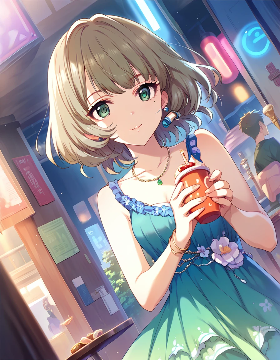 Score_9, Score_8_up, Score_7_up, sauce_anime,
 pinup of 1girl, Alone, Dutch Angle, smile, Watching the audience, holding, cup,disposable cup,
indoor,  Idolコンサート,Green ruffle dress，Cleavage，microphone，sing，ライトup，Serious face，microphoneを持つ，Arms facing the viewer， 
Idol, short hair, Brown Hair, bangs,Green Eyes,Mole under the eye, Medium chest,
 bracelet，necklace，Reflection of light，Gorgeous，