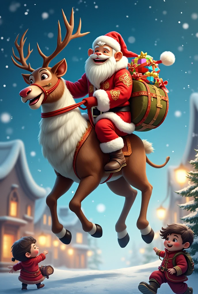 Sun Wukong dressed in a Santa Claus outfit, riding a reindeer and delivering presents to children!