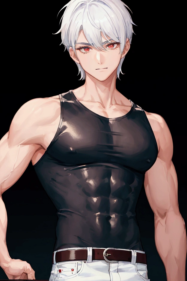 Boy with a thin and muscular build, Sleeveless T-shirtVanderbilt Chili Print, white hair, Red and blue, jeans, Black leather belt, chili background