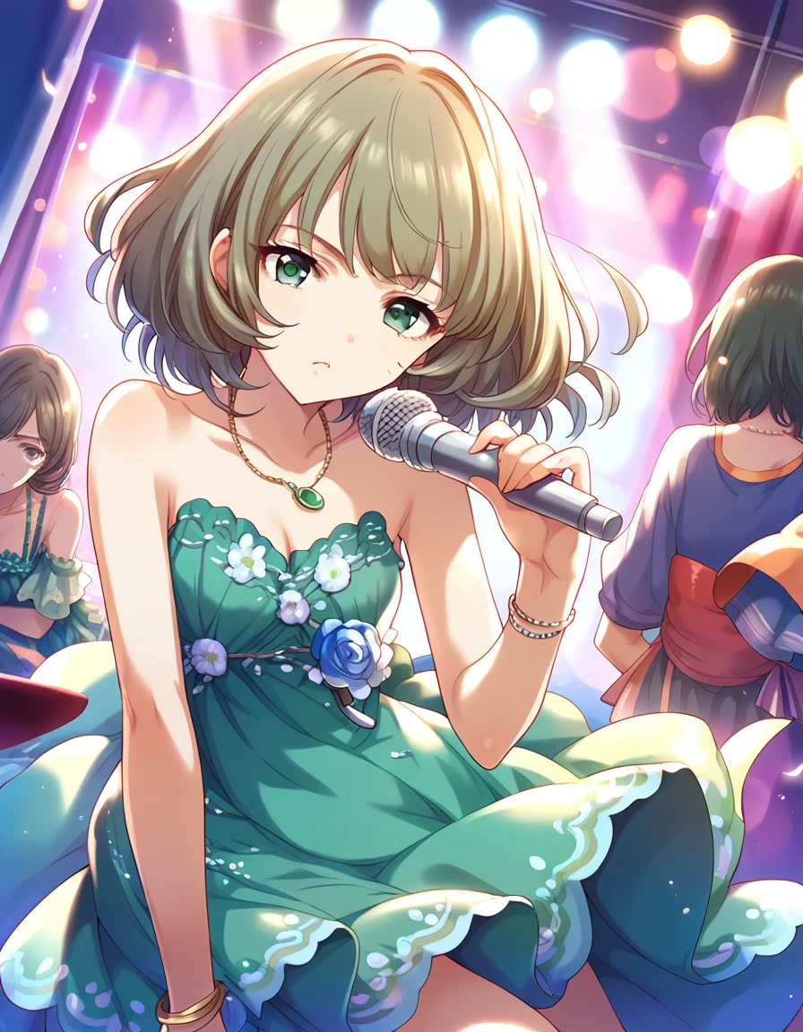 Score_9, Score_8_up, Score_7_up, sauce_anime,adult，
indoor,  Idolコンサート,Green ruffle dress，Cleavage，microphone，sing，ライトup，Serious face，microphoneを持つ，Arms facing the viewer， 
Idol, short hair, Brown Hair, bangs,Green Eyes,Mole under the eye, Medium chest,
 bracelet，necklace，Reflection of light，Gorgeous，