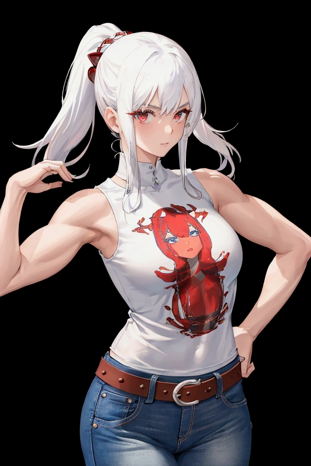 Girl with a slim and muscular build, Sleeveless T-shirtVanderbilt Chili Print, white hair, Red and blue, jeans, Black leather belt, chili background