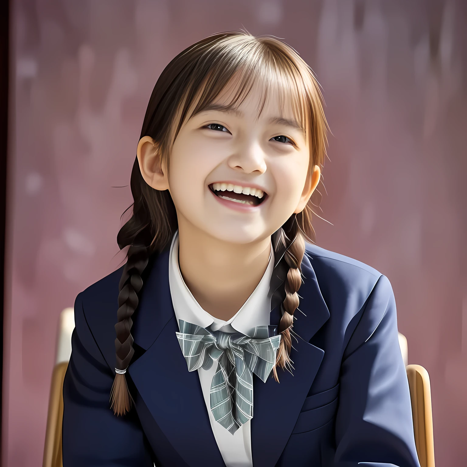 (Highest quality, masterpiece:1.2), Highest quality, High resolution, 1080P, 8k, height: 158cm, (Some girls, noble, Japanese 13yo fashion model is seated and smiling directly at me in school uniform, sleepy, expressing her happiness to me with her kawaii supreme: 1.8), (well arranged, balanced, neat tight braids under her ear), (Half-closed, Looking up to me, Very sleepy, Double-eyelids, completely balanced, brown large large dreaming sleepy eyes with detailed beautifully: 1.6), (Open mouth with glossy lips and shedding lot of drool: 1.6), (Drives me crazy for her navy-colored neat tartan checkered blue skirts and make me fall into her navy-colored tartan checkered skirt: 1.2), (Fine white face that looks like she has never been out of home: 1.6), (Navy colored school uniform blazer: 1.6), (Navy blue pleated school uniform tartan checkered skirt: 1.5), (Plain-red school ribbon on the breast), (Complete plain pink background: 1.8), (Girl whom everyone loves because of her beauty and neat school fashion and noble manner and magic-charm of succubus: 1.7), full body shot, (jolly face expression), (evenly cut curled bangs), (Selected as the most beautiful girl in school uniform in Japan: 1.8)