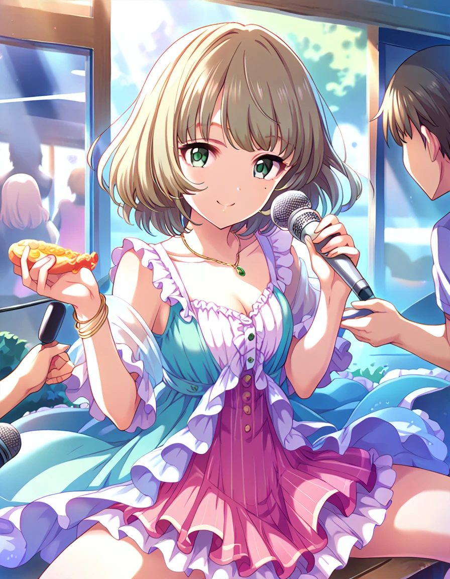 Score_9, Score_8_up, Score_7_up, sauce_anime,adult，
indoor,  Idolコンサート,Green frill full open dress，Cleavage，Mini frill skirt，Spread your legs wide，Showing off your crotch，microphone，sing，ライトup，smile，口をあけるmicrophoneを持つ，Put your hands forward， 
Idol, short hair, Brown Hair, bangs,Green Eyes,Mole under the eye, Medium chest,
 bracelet，necklace，Reflection of light，Gorgeous，Sensitive，Viewer discretion advised，