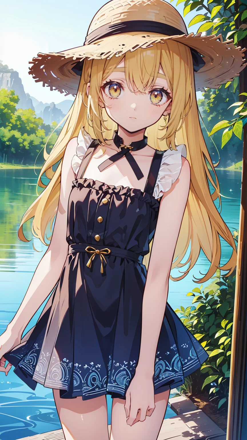 Full Fantasy Flower,<lora:Full Fantasy 000008:0.7>,holding flowers in hand,flower sea,creek,hat,forest,black dress,