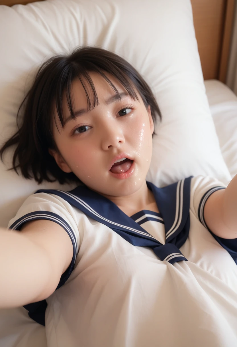 ((Best Quality)), ((masterpiece)), (detailed), ((((photograph)))、one japanese girl of 15,black eyes,no make、very short hair,wearing sailor type school uniform colored navy blue ,Small breasts、平らな胸、wetting lips、sweat,wetting cheeks ,open mouth,massive plenty semen on her face ,in the bedroom ,girl is lying on ,reaching out her hands,(((ecstasy)))、((((orgasm)))),,front view ,(eyes on viewer ),((close up to her face ))