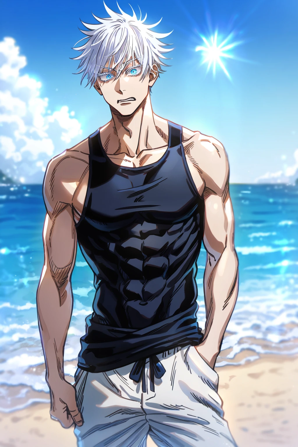 Kiritsugu Emiya, Shirtless, muscular, massive, sweaty, and hairy chest