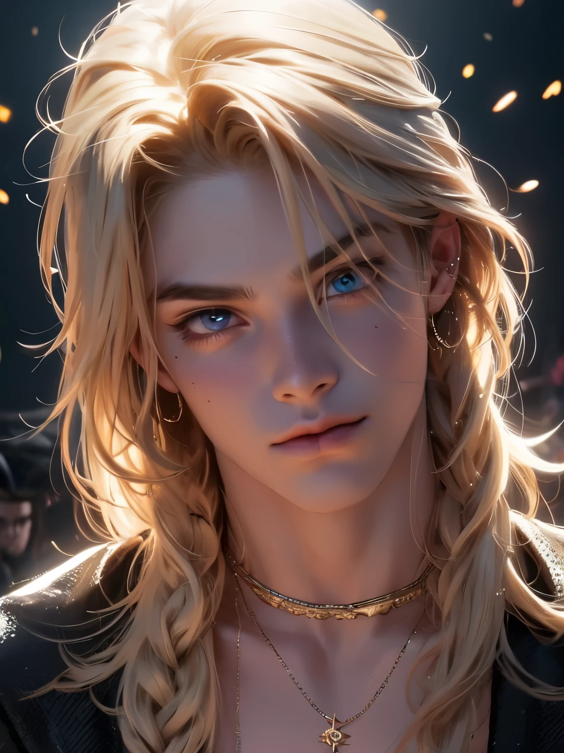 The magical look of a boy with wavy blond hair, Rainbow eyes , sparkling eyes ! just sparkles from the eyes - such a piercing look !! dark skin, Cute boy, boy with a beautiful face, Realistic anime style, the boy looks like a KPOP idol . Mysterious magic surrounds him !