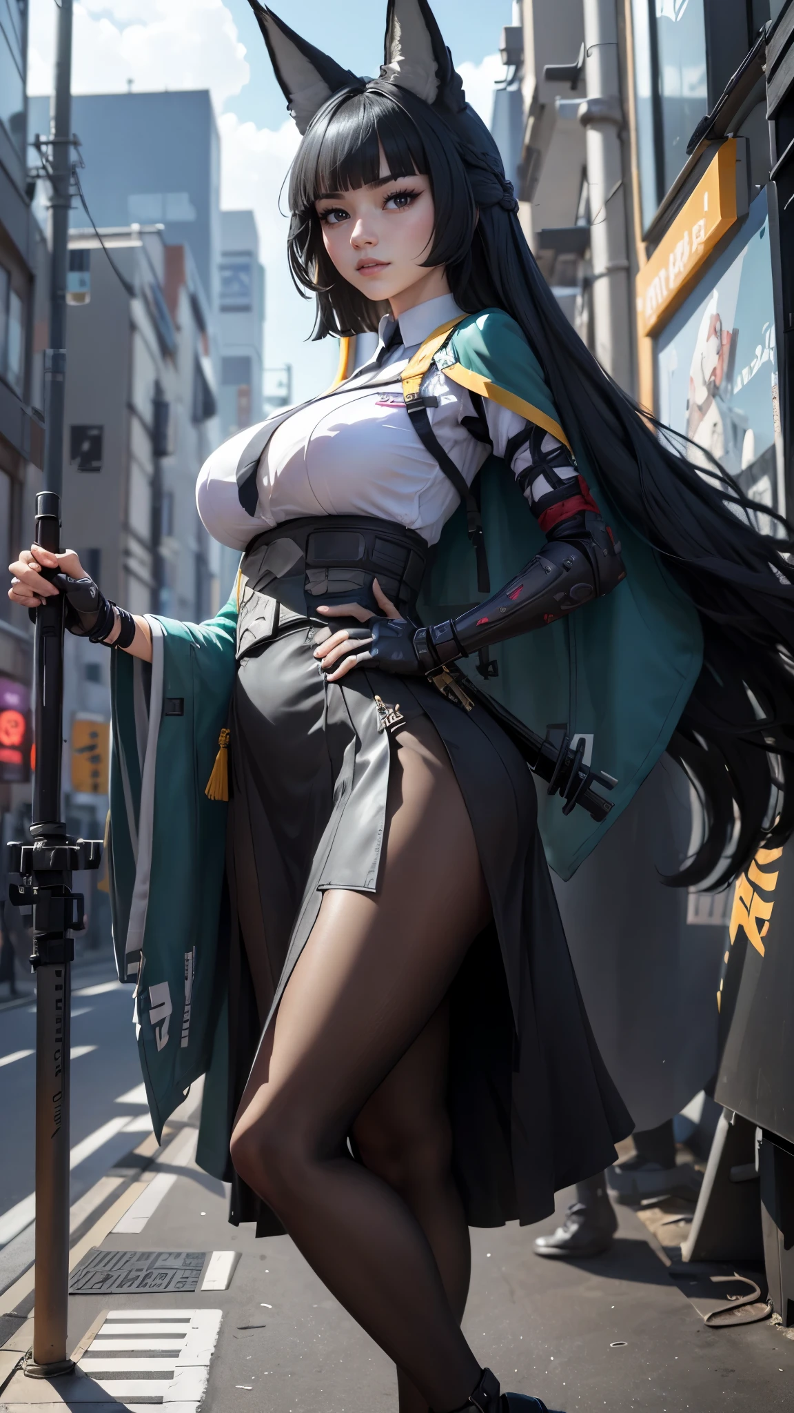 Hoshimi miyabi da zenless zone zeto,(best qualityer,4K,8k,high resolution,work of art:1.2)(weather: cloudy), Tokyo background, shopping district, wide hips, long curly hair, black hair, white shirt, long coat, long tight skirt, necktie, pantyhose, high heels, light makeup, katana, fox ears, combat pose, ultra detailed,portrait,realistic,beautiful detailed red eyes, beautiful detailed lips,extremely detailed eye and face, ultra detailed hands, long eyelashes,average, large breasts,flying hair,beaming smile, cute smile, powerful girl, bright coloured, dramatic lighting,