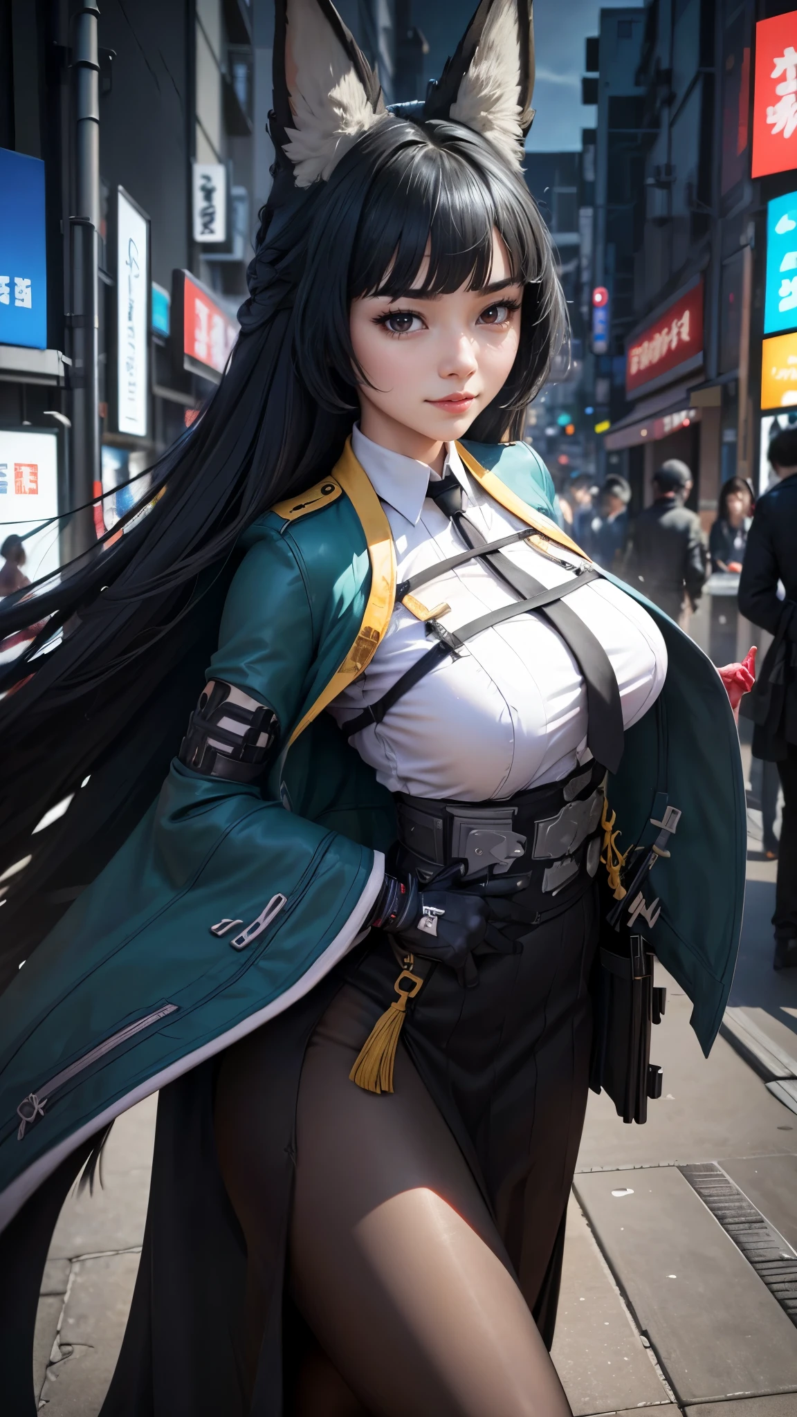 Hoshimi miyabi da zenless zone zeto,(best qualityer,4K,8k,high resolution,work of art:1.2)(weather: cloudy), Tokyo background, shopping district, wide hips, long curly hair, black hair, white shirt, long coat, long tight skirt, necktie, pantyhose, high heels, light makeup, katana, fox ears, combat pose, ultra detailed,portrait,realistic,beautiful detailed red eyes, beautiful detailed lips,extremely detailed eye and face, ultra detailed hands, long eyelashes,average, large breasts,flying hair,beaming smile, cute smile, powerful girl, bright coloured, dramatic lighting,