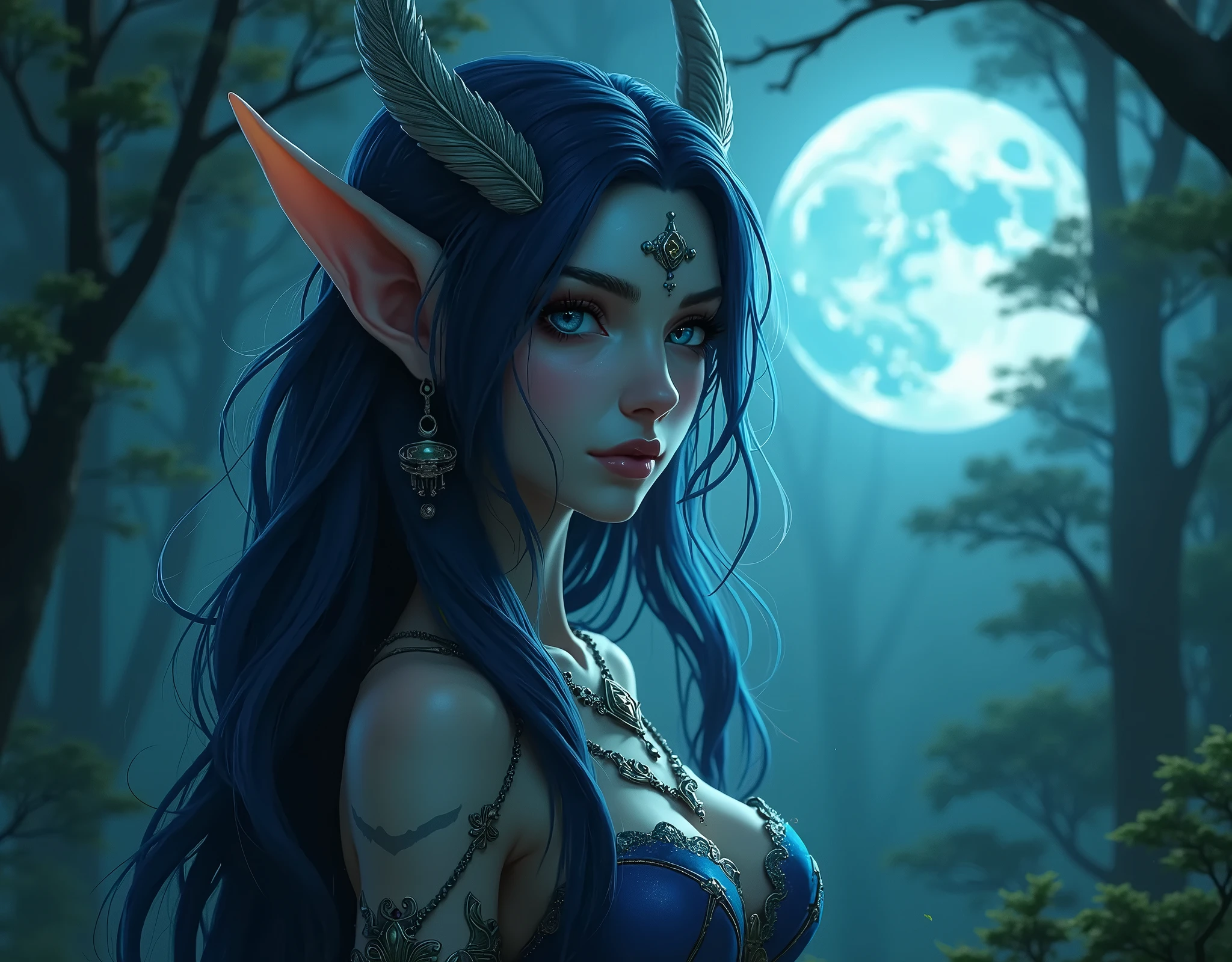 (masterpiece, best quality) <lora:epi_noiseoffset2:1> <lora:add_detail:0.7> <lora:WOWTyrande:0.8>
WOWTyrande, 1girl, solo, long hair, breasts, dress, jewelry, medium breasts, blue hair, closed eyes, ponytail, earrings, outdoors, pointy ears, parted lips, green hair, water, white dress, tree, night, colored skin, facial mark, moon, elf, facing viewer, full moon, wading, backlighting