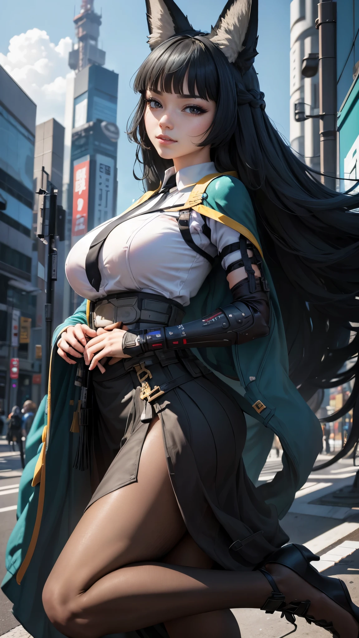 Hoshimi miyabi da zenless zone zeto,(best qualityer,4K,8k,high resolution,work of art:1.2)(weather: cloudy), Tokyo background, shopping district, wide hips, long curly hair, black hair, white shirt, long coat, long tight skirt, necktie, pantyhose, high heels, light makeup, katana, fox ears, combat pose, ultra detailed,portrait,realistic,beautiful detailed red eyes, beautiful detailed lips,extremely detailed eye and face, ultra detailed hands, long eyelashes,average, large breasts,flying hair,beaming smile, cute smile, powerful girl, bright coloured, dramatic lighting,