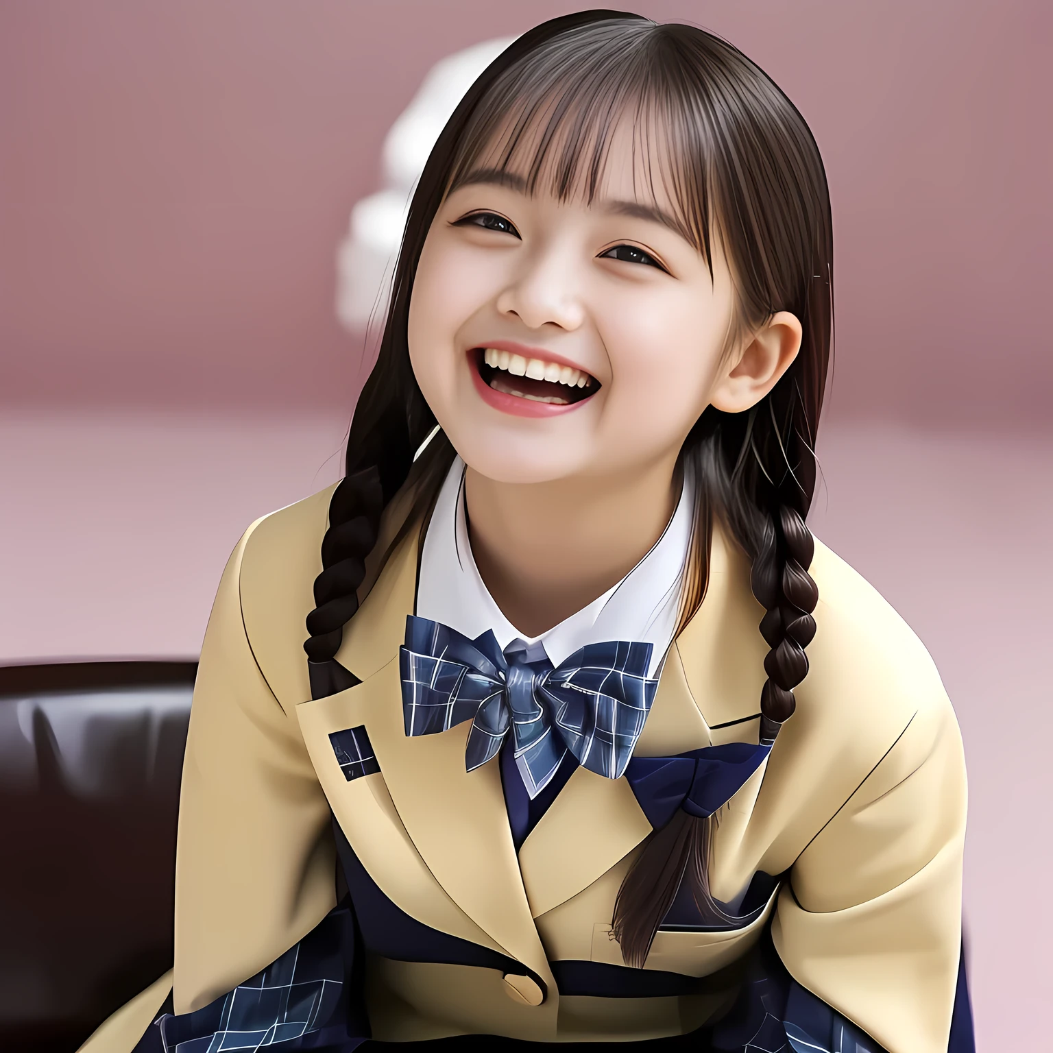 (Highest quality, masterpiece:1.2), Highest quality, High resolution, 1080P, 8k, height: 158cm, (Some girls, noble, Japanese **** fashion model is seated and smiling directly at me in school uniform, sleepy, expressing her happiness to me with her kawaii supreme: 1.8), (well arranged, balanced, neat tight twin braids under her ear, not more than two braids), (Half-closed, Looking up to me, Very sleepy, Double-eyelids, completely balanced, brown large large dreaming sleepy eyes with detailed beautifully: 1.6), (Open mouth with glossy lips and dripping with lot of drool to kiss me: 1.8), dripping a lot of girly drool cutely, (Drives me crazy for her navy-colored neat tartan checkered blue skirts and make me fall into her navy-colored tartan checkered skirt: 1.2), (Fine white face that looks like she has never been out of home: 1.6), (Navy colored school uniform blazer: 1.6), (Navy blue pleated school uniform tartan checkered skirt: 1.5), (Plain-red school ribbon on the breast), (Complete plain pink background: 1.8), (Girl whom everyone loves because of her beauty and neat school fashion and noble manner and magic-charm of succubus: 1.7), full body shot, (jolly face expression), (evenly cut curled bangs), (Selected as the most beautiful girl in school uniform in Japan: 1.8), (She can't stop kissing me. She never stop kissing me. I can't stop kissing her.: 1.5)