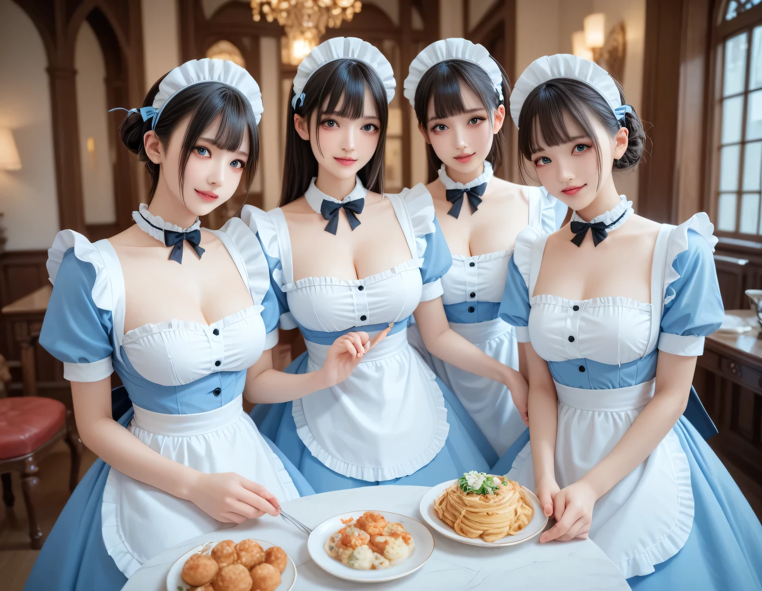 Score_9, Score_8, Score_8upScore_7, Best Quality、masterpiece、group、((Light blue maid outfit, Frills)), ((Layered Haircut)), Slim body, Slim face, Big Breasts（8k，Best Quality），Shooting from a medium distance,  Adorable， smile， long brown hair， 32K, masterpiece, Highest quality，Ultra-high resolution，Perfect hands，Black choker、Almond Eye、bangs、Very thick and long eyelashes, Perfect Makeup, reception、Italian food on the table