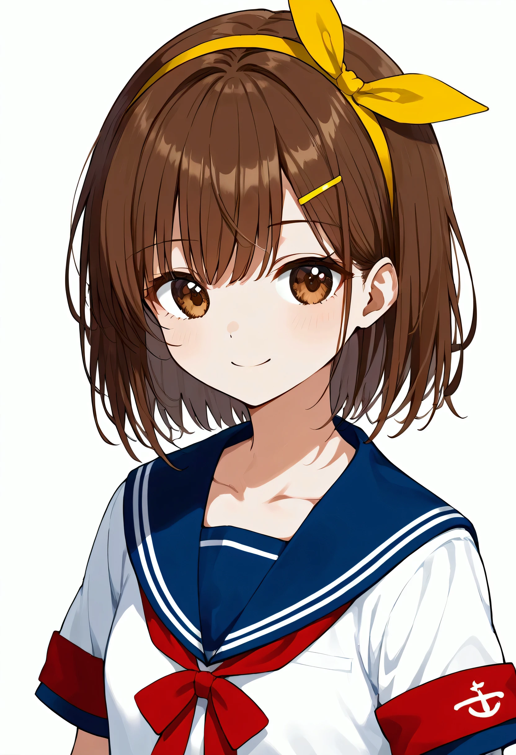 nai3, close up, masterpiece, Highest quality, One person, 1girl, armband, belt, blue belt, blue sailor collar, bob cut, brown eyes, brown hair, closed mouth, collarbone, hair ribbon, hairband, kita high school uniform, medium hair, paperclip, red armband, red ribbon, ribbon, sailor collar, school uniform, serafuku, short sleeves, simple background, smile, solo, summer uniform, upper body, white background, yellow hairband, yellow ribbon