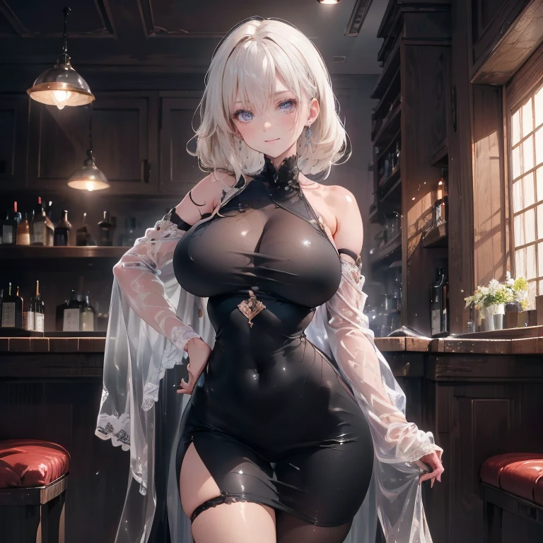 full body Waifu beautiful detailed eyes, beautiful detailed lips, extremely detailed eyes and face, longeyelashes, 1girl, sensual, young woman, sexy medium / large breasts, beautiful feminine face, nice sexy thighs, slim, sexy, erotic, beautiful clothes, perfect body, perfect anatomy of female, cinematic lighting and framing, (best quality,4k,8k,highres,masterpiece:1.2),ultra-detailed,digital painting,portrait,glamorous,highly detailed,soft lighting, vivid color tones ((highest quality)), ((High resolution)), ((masterpiece)), ((detailed)), View Viewer, Cowboy Shot, Depth of written boundary, One mature woman, Perfect Face, Cute and symmetrical face, Shiny skin, (Beautiful Hair, Platinum blonde hair), Chestnut brown eyes, Long Eyelashes, (Big Breasts:0.9), Beautiful Hair, Beautiful Face, Beautiful fine details, Beautiful clavicle, Beautiful body, Beautiful breasts, Beautiful belly button, Beautiful thighs, Beautiful feet, (Purple tight knit dress, A black see-through shawl is draped over the shoulders.), (Beautiful views), night, glass, bar, (Cute smile),