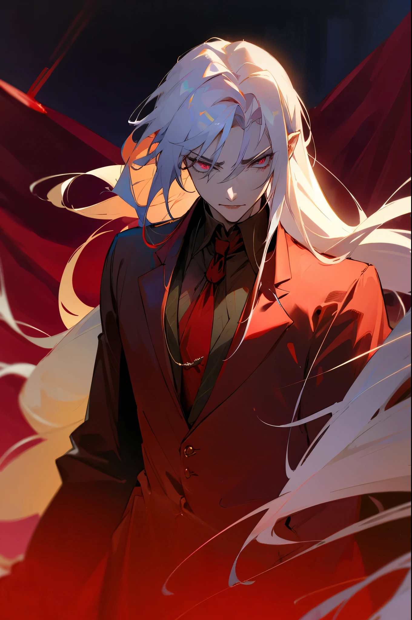 masterpiece, highest quality, (solo focus), (perfect face:1.1), (high detail:1.1), (hyper detailed eyes), dramatic, 1guy, (Pale skin), long blonde hair, (red irises), individual focus, Vampire, long hair, moon, night, Red luxury suit, pouty lips, castle, detailed background, art by artgerm, cinematic lighting, red roses, fashion, upper body, cowboy shot