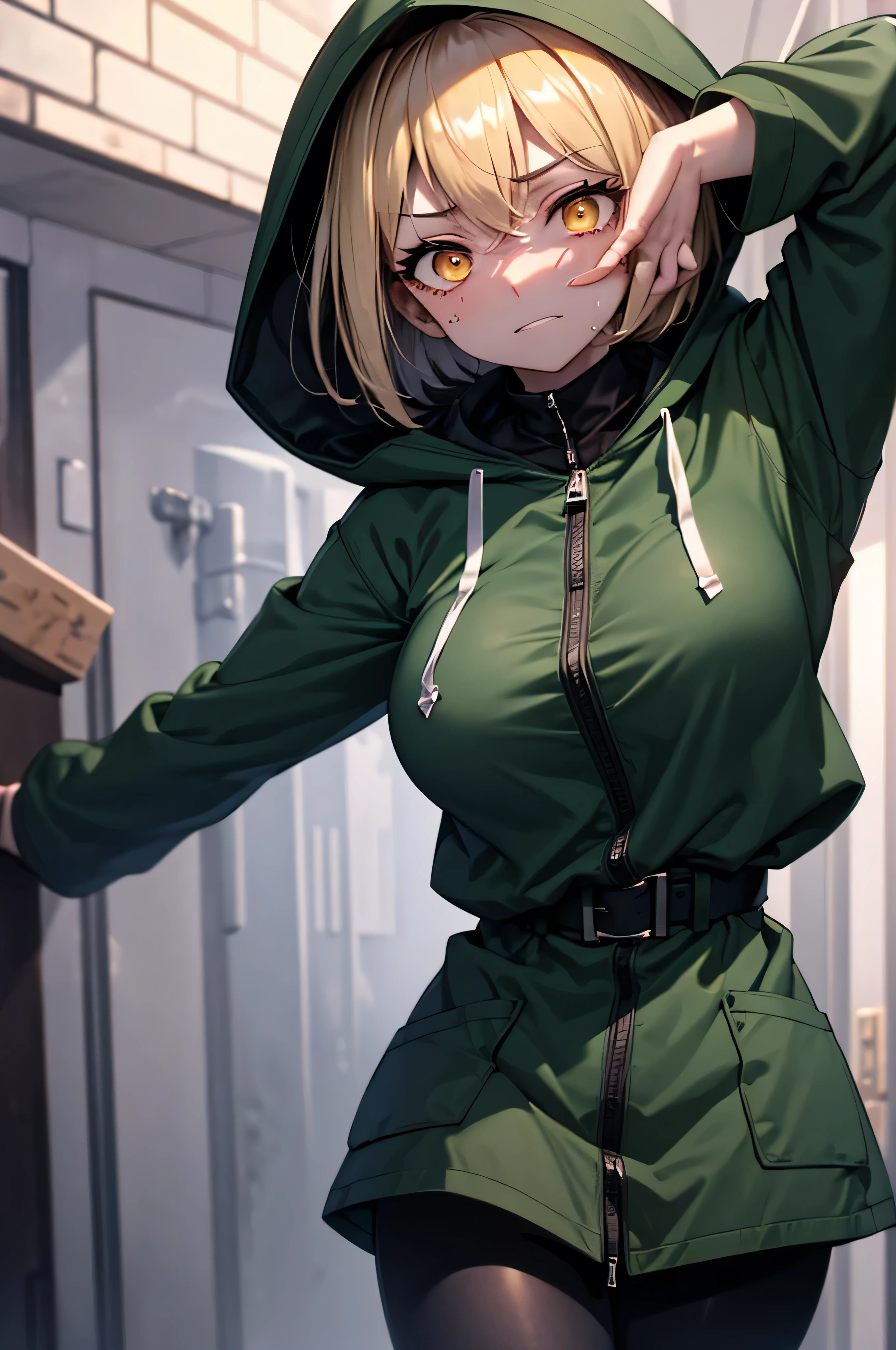 landscape, military, devastated field, dug-in, funk hole., entrenchment, barbed-wired fencing, BREAK. (1 fatigued skinny girl standing alone), light brown short hair, swaying back, BREAK, (dark green long coat with hood:1.2), (hood covers over her head:1.3), tight-fit dark green military uniform, tight-fit dark green leggings, BREAK, (glowing golden eyes:1.2), (shadows under her eyes:1.2), (wince:1.3), (fatigued:1.4), BREAK, bouncing large breasts, bursting large breasts, very short torso