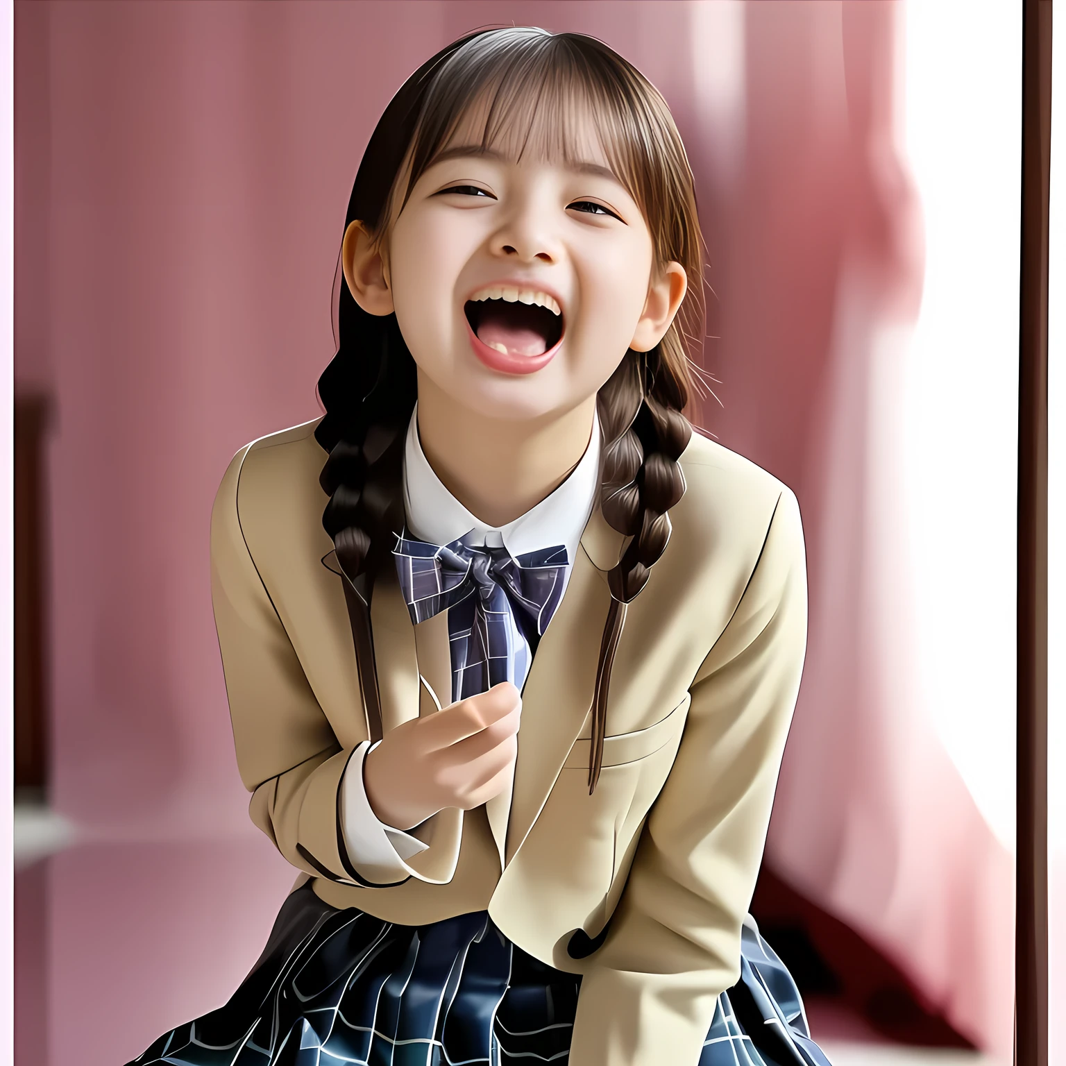 (Highest quality, masterpiece:1.2), Highest quality, High resolution, 1080P, 8k, height: 158cm, (Some girls, noble, Japanese 13yo fashion model is seated on a pink flat floor and smiling directly at me in school uniform, sleepy, looking up at me with love to me with her kawaii supreme: 1.8), (well arranged, balanced, neat tight twin braids under her ear, not more than two braids), (Half-closed, Looking up to me, Very sleepy, Double-eyelids, completely balanced, brown large large dreaming sleepy eyes with detailed beautifully: 1.6), (Open mouth with glossy lips and dripping with lot of drool to kiss me, extending her pink tongue: 1.8), dripping a lot of girly drool cutely, (Drives me crazy for her navy-colored neat tartan checkered blue skirts and make me fall into her navy-colored tartan checkered skirt: 1.2), (Fine white face that looks like she has never been out of home: 1.6), (Navy colored school uniform blazer: 1.6), (Navy blue pleated school uniform tartan checkered skirt: 1.5), (Plain-red school ribbon on the breast), (Complete plain pink background: 1.8), (Girl whom everyone loves because of her beauty and neat school fashion and noble manner and magic-charm of succubus: 1.7), full body shot, (jolly face expression), (evenly cut curled bangs), (Selected as the most beautiful girl in school uniform in Japan: 1.8), (She can't stop kissing me. She never stop kissing me. I can't stop kissing her.: 1.5)