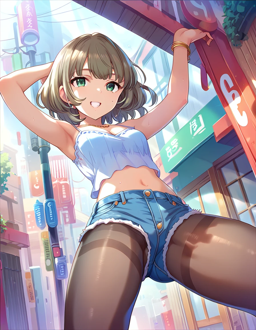 Score_9, Score_8_up, Score_7_up, sauce_anime,adult，
Outdoor,Back Alley，shadow，camisole，Cleavage，belly button，Micro denim pants，Black Pantyhose，Spread your legs wide，Showing off your crotch，(Grin，)Place your arms behind your head，smile，sweat，Open your mouth，Hamipan，Looking up from below，
short hair, Brown Hair, bangs,Green Eyes,Mole under the eye, Medium chest,
 bracelet，necklace，Reflection of light，Gorgeous，(Sensitive，Viewer discretion advised，)