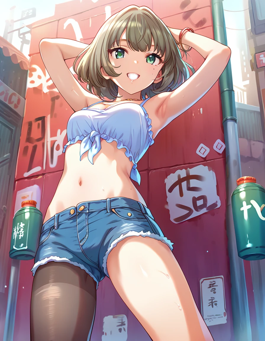 Score_9, Score_8_up, Score_7_up, sauce_anime,adult，
Outdoor,Back Alley，shadow，camisole，Cleavage，belly button，Micro denim pants，Black Pantyhose，Spread your legs wide，Showing off your crotch，(Grin，)Place your arms behind your head，smile，sweat，Open your mouth，Hamipan，Looking up from below，
short hair, Brown Hair, bangs,Green Eyes,Mole under the eye, Medium chest,
 bracelet，necklace，Reflection of light，Gorgeous，(Sensitive，Viewer discretion advised，)