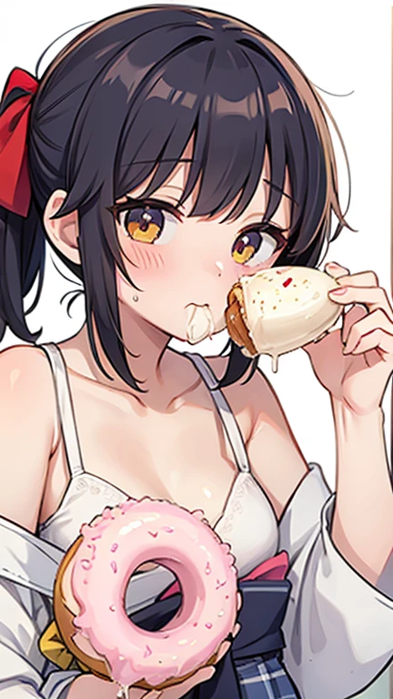 1 girl, small nose, very beautiful detailed face and eyes, bright colors, cute face, delicate beautiful face, Bright magenta eyes, cute eyes, sparkling eyes, Big eyes, (small breasts:1.3), (perky chest:1.1), (pointed chest:1.0), (icecream magazine cover:1.3)，highest quality, WorKs of masters, High resolution,BlacK color hair，shiny hair, side ponytail,hair between eyes,bangs, (black jacket, real clothes, cleavage, black skirts, black thighhighs, thigh strap, fingerless gloves, single glove:1.2) , spread legs, panties shot, medium hips, glamorous body, white skin, smile, thin pubric hair, super beautiful face, Super beautiful eyes, Super beautiful hair，trendy outfit，sexy and attractive,full body esbian, Real World, Natural light,perfect Natural light,(with sparkling eyes and a contagious smile), This masterpiece is not only visually stunning but also tells, make of cake cooking , in the kitchen, open mouth, looking at viewer,
