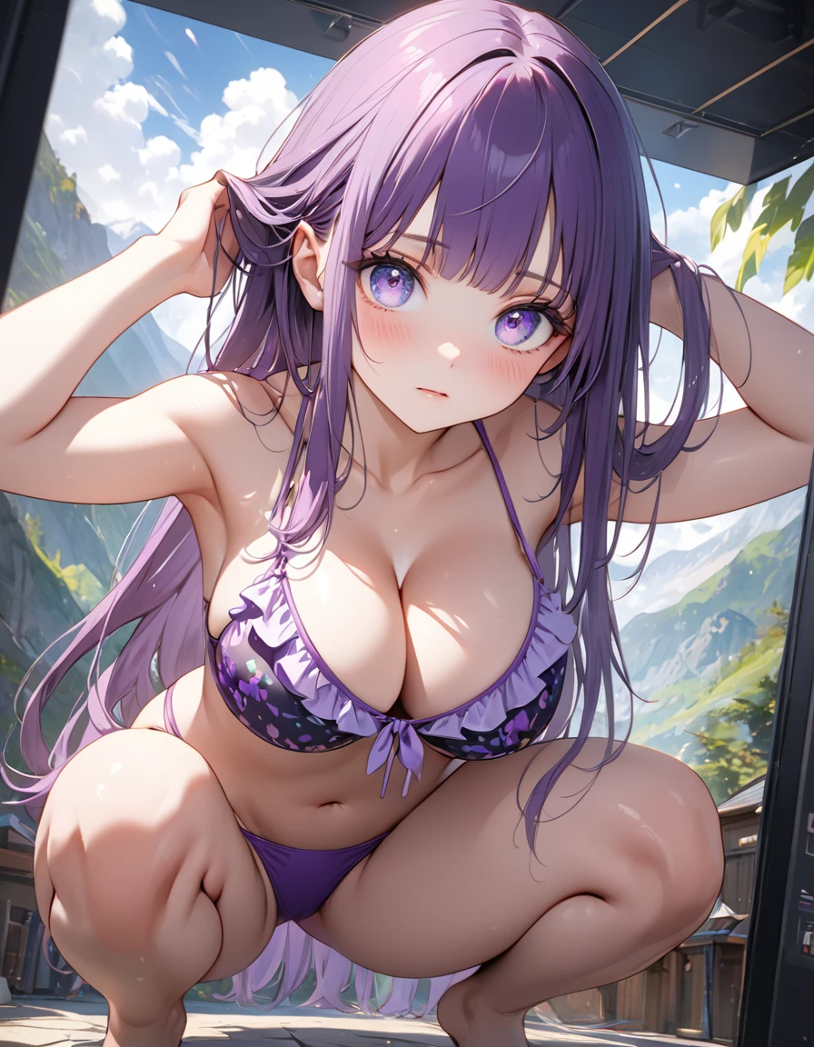 masterpiece, best quality, 8k, highres, ultra-detailed,HDR, UHD, studio lighting, ultra-fine painting, sharp focus, physically-based rendering, extreme detail description, professional, vivid colors, long shot,FernFrieren, Long Hair, bangs, (Purple eyes:1.1), Purple Hair, Side Lock, blunt bangs, (Bright Eyes:1.5), Half Up,Big breast, standing, looking at viewer, 
colorful frill-type-bikini,outdoors, indoor, low angle, squatting, arms behind head, blush, from front, cleavage, underground photo booth