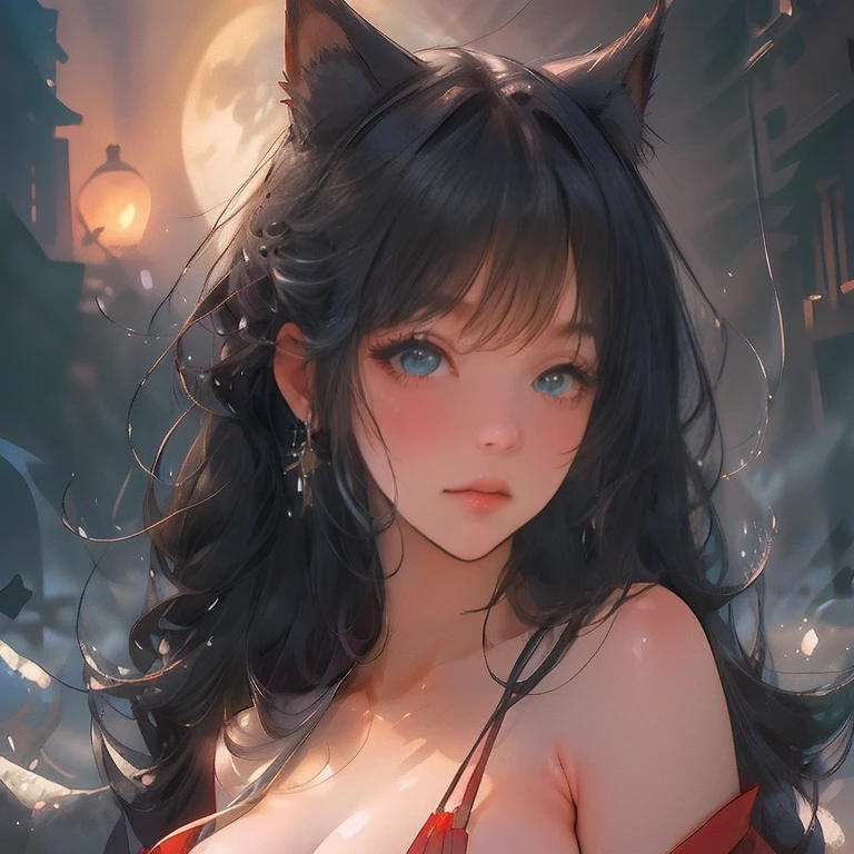 masutepiece, Best Quality, ultra - detailed,nighttime scene, clouds, fullmoon, 4K,1girll,独奏,Delicate face,real looking skin,glowworm,Long whit hair