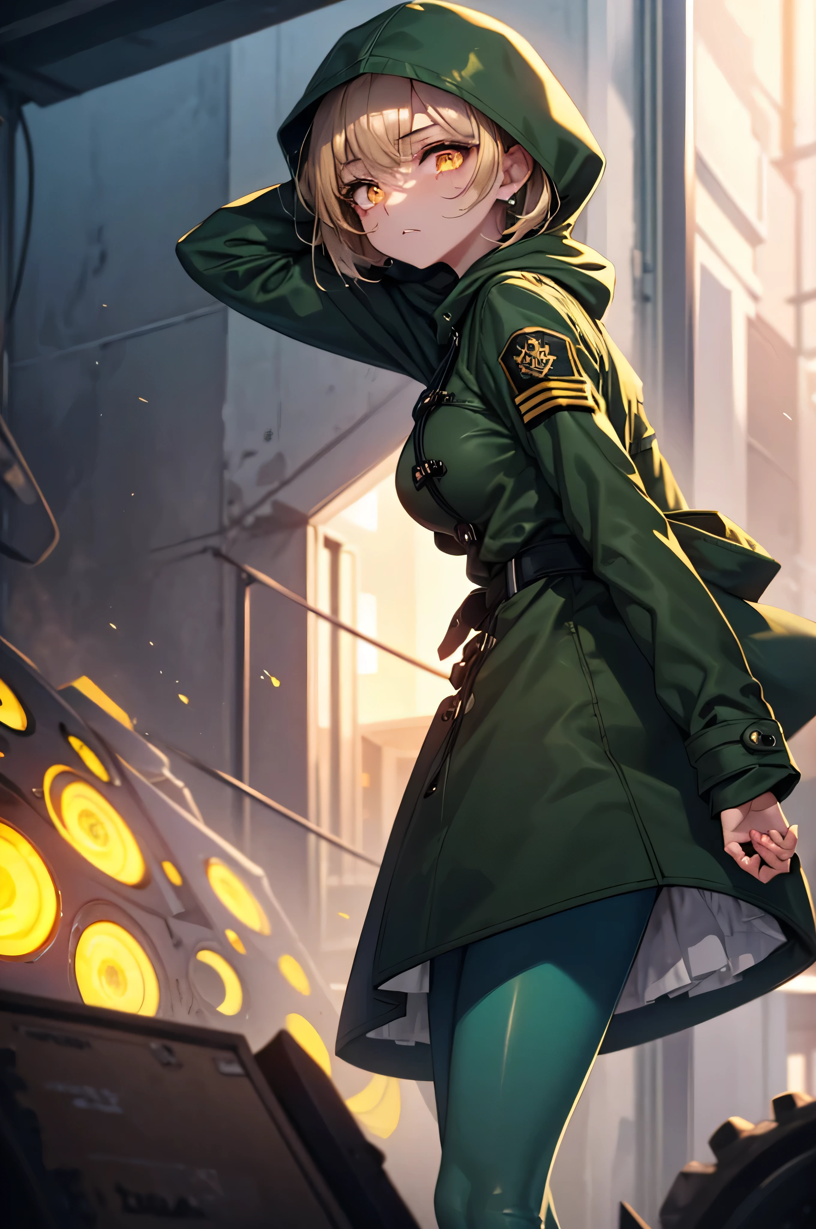 landscape, military, devastated field, dug-in, funk hole., entrenchment, barbed-wired fencing, BREAK. (1 fatigued skinny girl standing alone), light brown short hair, swaying back, BREAK, (dark green long coat with hood:1.2), (dark green hood covers over her head:1.3), tight-fit dark green military uniform, tight-fit dark green leggings, BREAK, (glowing golden eyes:1.2), (shadows under her eyes:1.2), (wince:1.3), (fatigued:1.4), BREAK, bouncing large breasts, bursting large breasts, very short torso