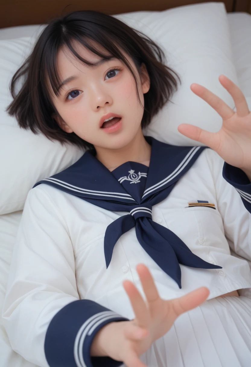 ((Best Quality)), ((masterpiece)), (detailed), ((((photograph)))、one japanese girl of 15,black eyes,no make、very short hair,wearing sailor type school uniform colored navy blue ,long sleeve,winter,Small breasts、平らな胸、wetting lips、sweat,wetting cheeks ,open mouth,plenty cum on her face ,(((in the bedroom))) ,girl is lying on ,reaching out her hands,(((ecstasy)))、((((orgasm)))),,front view ,(eyes on viewer ),((close up to her face ))