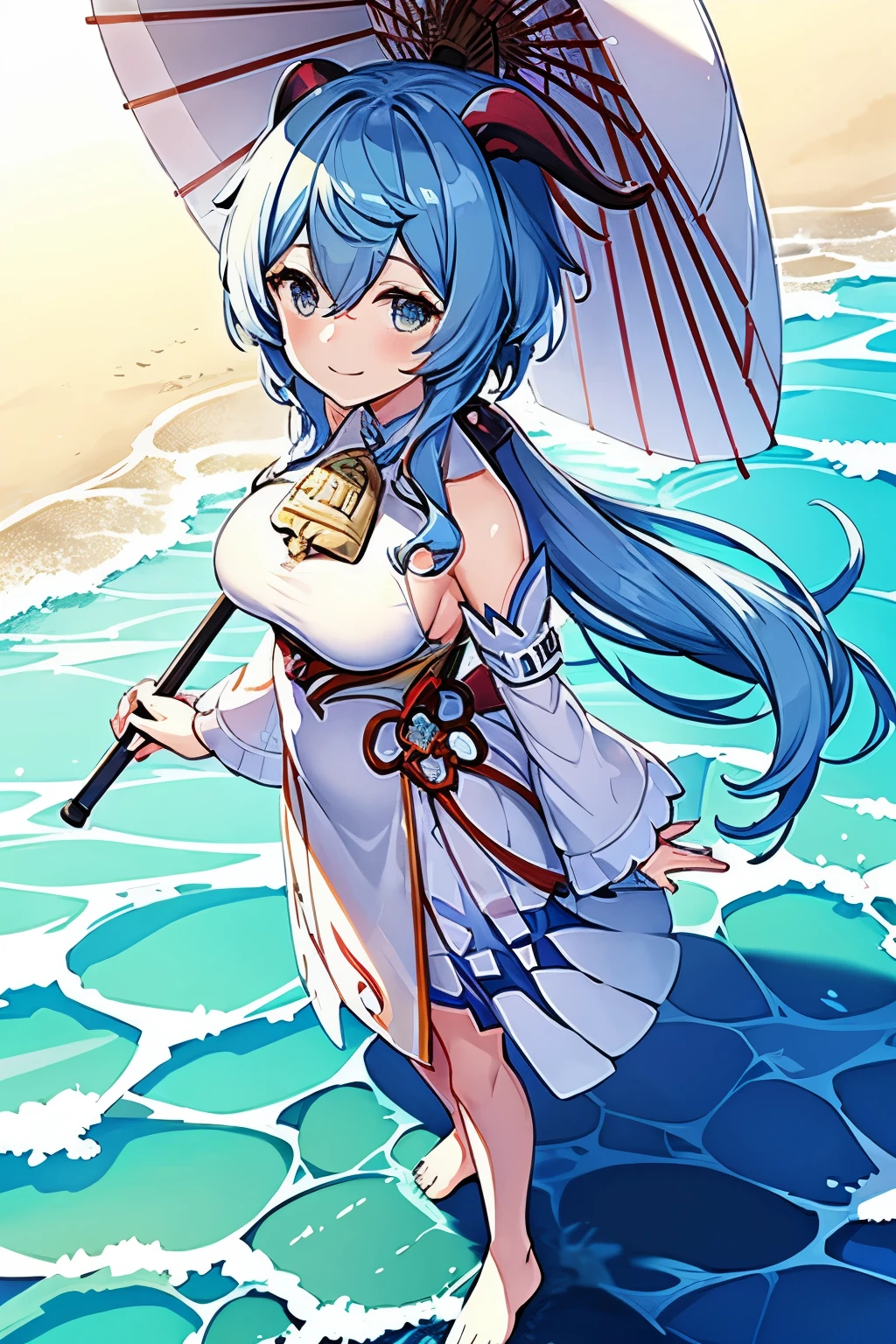 Best Quality, One woman, solo, Genshin Impact,Ganyu,Blue Hair,White dress,Sandy Beach,Looking up,masterpiece, Average height,From the front,Large Breasts,rim light,barefoot,With a parasol in his left hand,Stand up,smile,