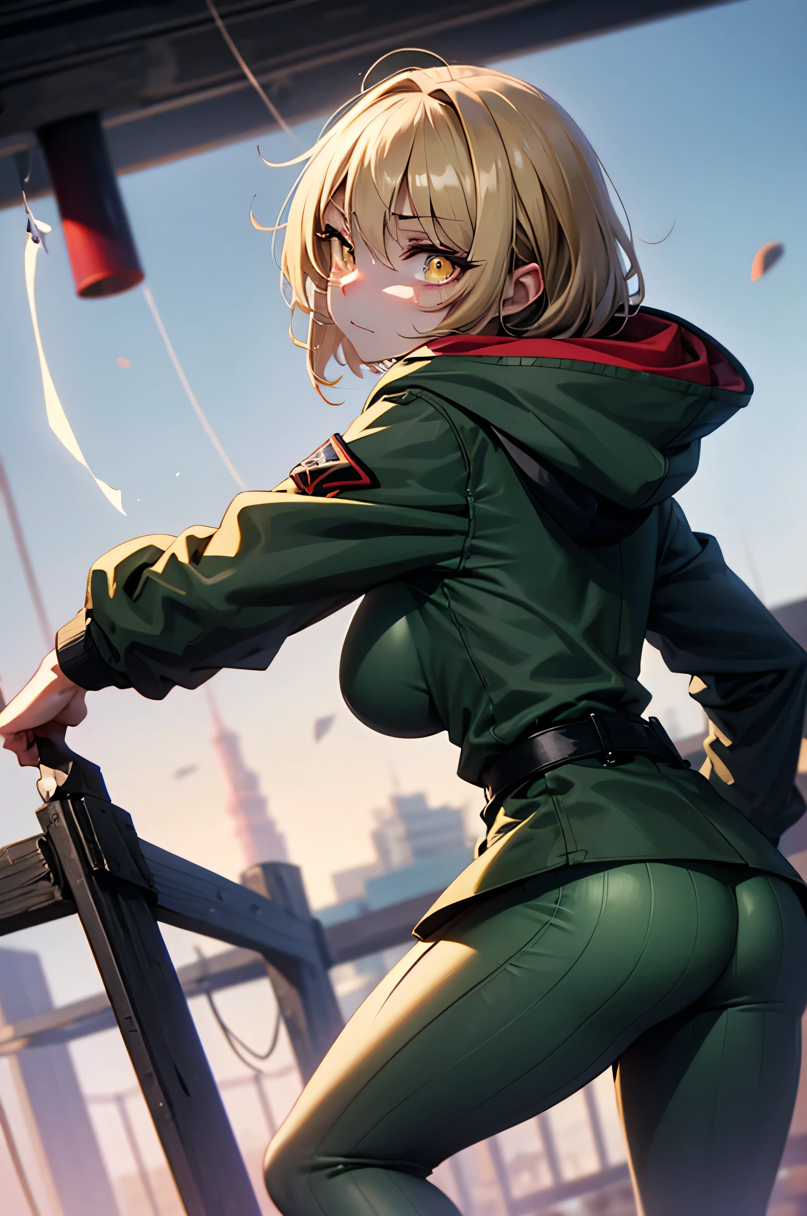 landscape, military, devastated field, dug-in, funk hole., entrenchment, barbed-wired fencing, BREAK. (1 fatigued skinny girl standing alone), light brown short hair, swaying back, BREAK, (dark green long coat with hood:1.2), (dark green hood covers over her head:1.3), tight-fit dark green military uniform, tight-fit dark green leggings, BREAK, (glowing golden eyes:1.2), (shadows under her eyes:1.2), (wince:1.3), (fatigued:1.4), BREAK, bouncing large breasts, bursting large breasts, very short torso