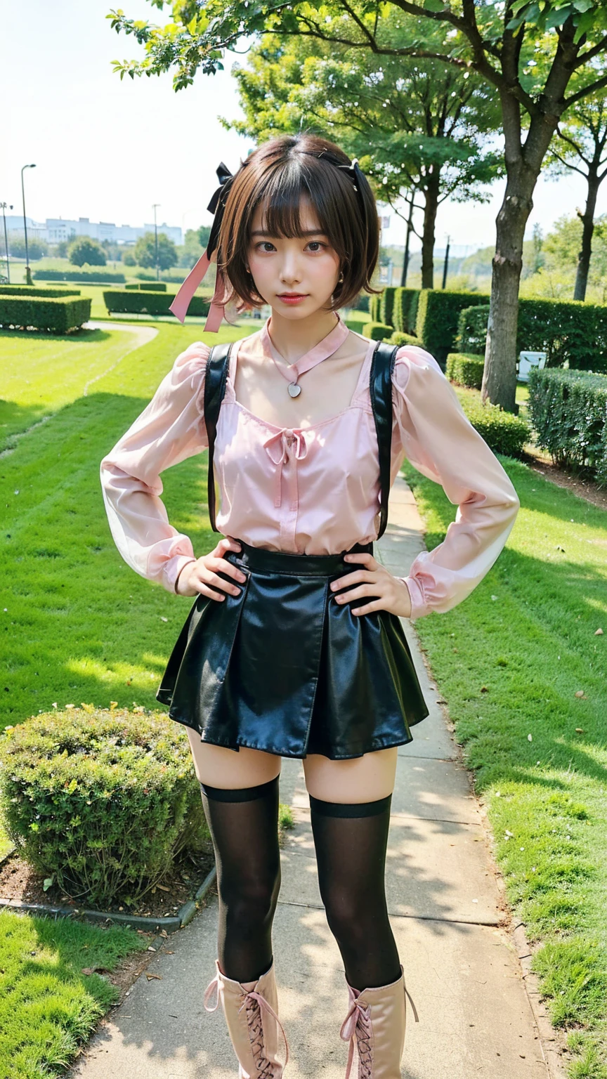 (8k、RAW Photos、Best Quality、masterpiece:1.2)、(Realistic、Realistic)、1 person、((See-through、Medium Hair、tights、Check pattern、Ribbon on chest、Pink and black、Thin legs、boots、mini skirt、View from the front、Looking into the camera、garden、Stand with hands on hips))、cute