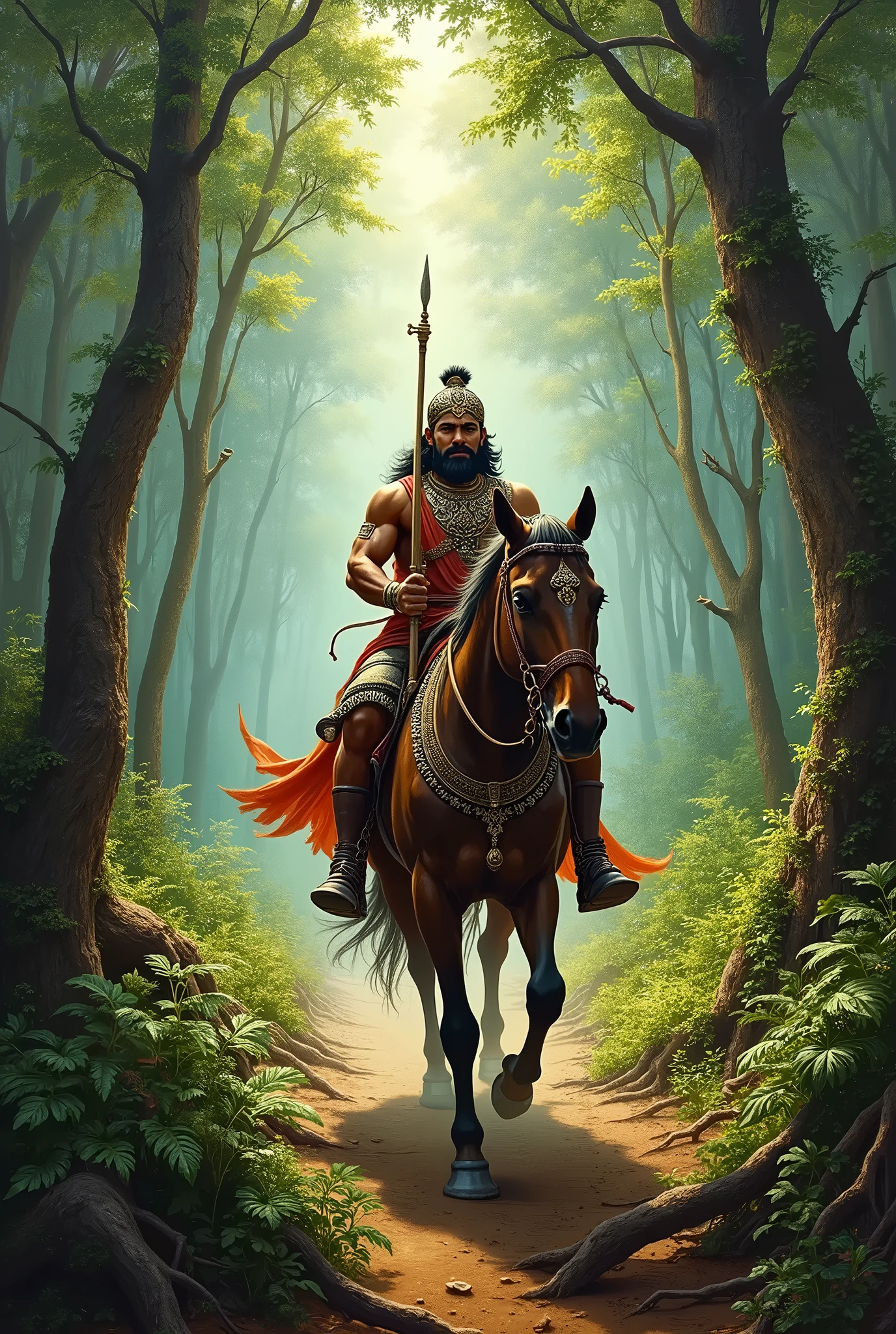 Cuauhtémoc riding a horse with a mulberry tree in the background