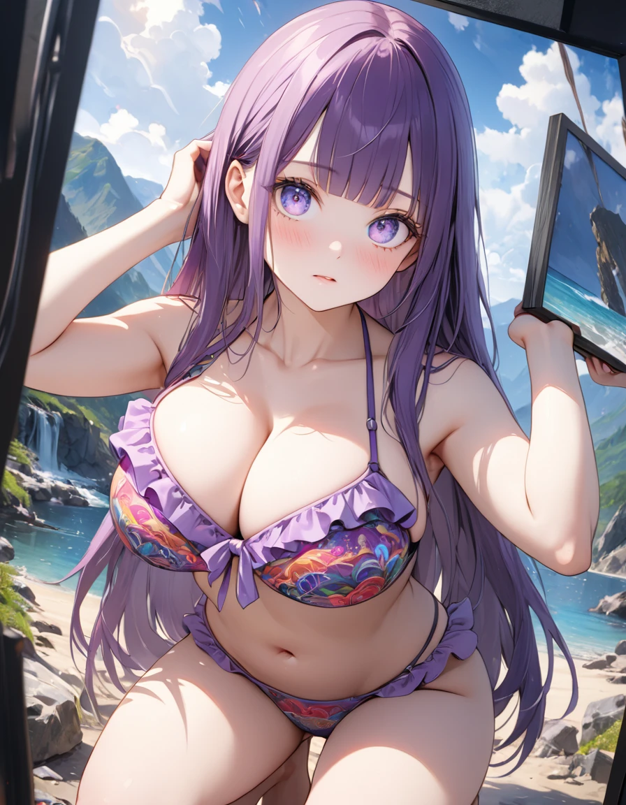 masterpiece, best quality, 8k, highres, ultra-detailed,HDR, UHD, studio lighting, ultra-fine painting, sharp focus, physically-based rendering, extreme detail description, professional, vivid colors, long shot,FernFrieren, Long Hair, bangs, (Purple eyes:1.1), Purple Hair, Side Lock, blunt bangs, (Bright Eyes:1.5), Half Up,Big breast, standing, looking at viewer, 
colorful frill-type-bikini,outdoors, indoor, low angle, squatting, arms behind head, blush, from front, cleavage, underground photo booth