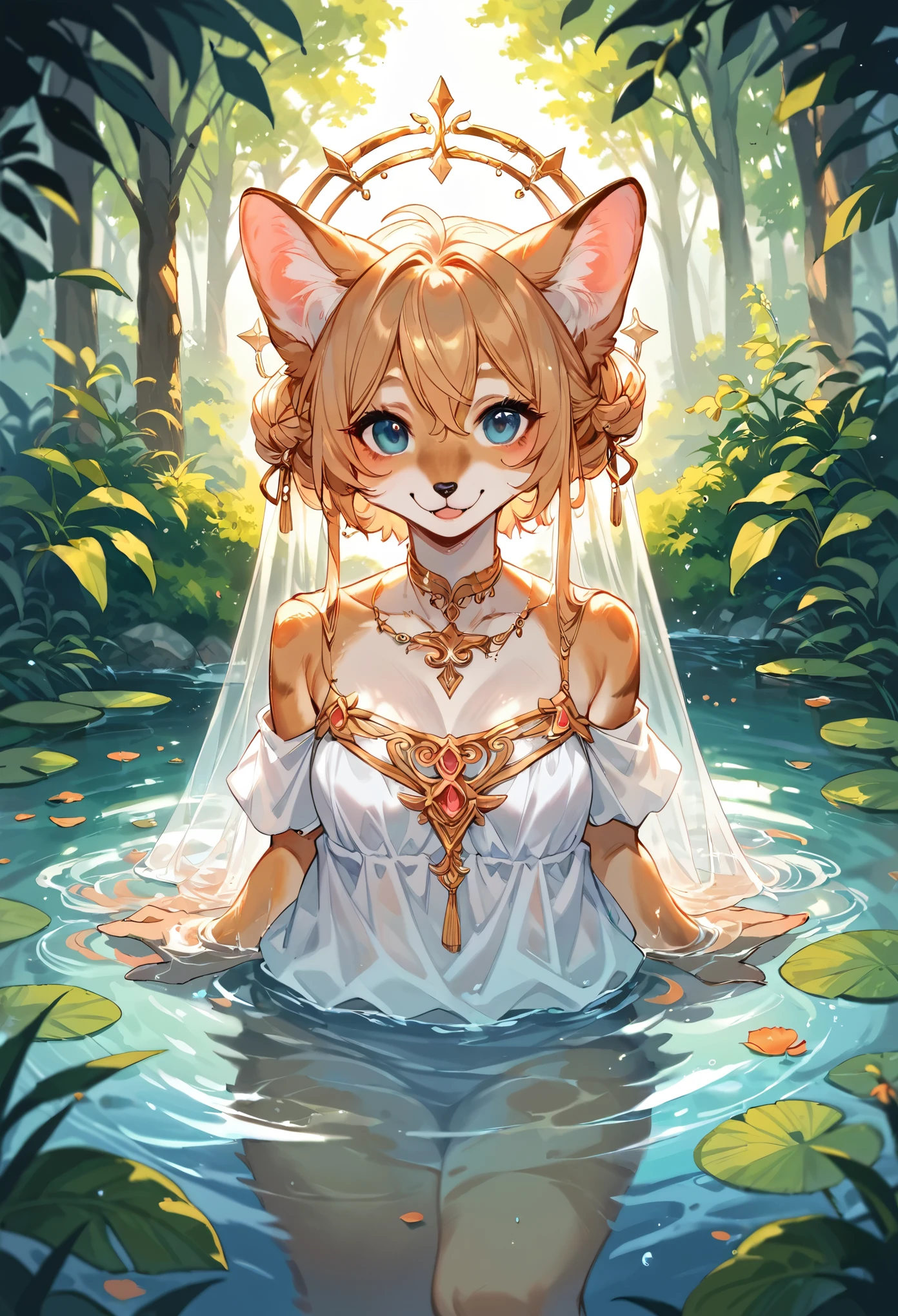 Top quality ultra-fine illustrations by Alphonse Mucha, Art nouveau, bathing in water, beautiful refraction of water, white shirt soaked in water, transparent clothing, Delicate and elegant linework, Decoration with plant motifs, Geometric decoration, Poetic atmosphere, Rich colors, Dreamy, mystical, Tarot Card, erotic(In the forest where the stream flows, Backlighting)(beautiful face and eyes with great detail)absurdres, perfect anatomy((Beastman))(Furry, Solo focus, gentleman)(furry anthro:1.7)(((furry body, Facial features of animal, Features of the animal body)))(((muzzle of the animal, very detailed furry body of animal))))full body, Smile (portrait),