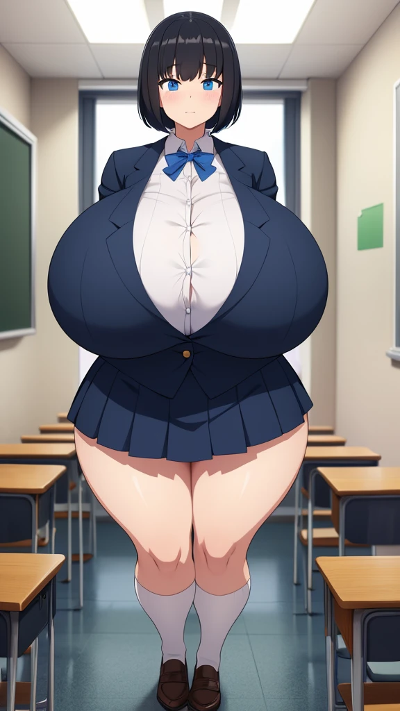  1 girl, Shy face, ((Thick thighs)) short black hair, ((gigantic breast)), Blue eyes, background classroom, ((massive thighs)), breast expansion, big body, High school uniform