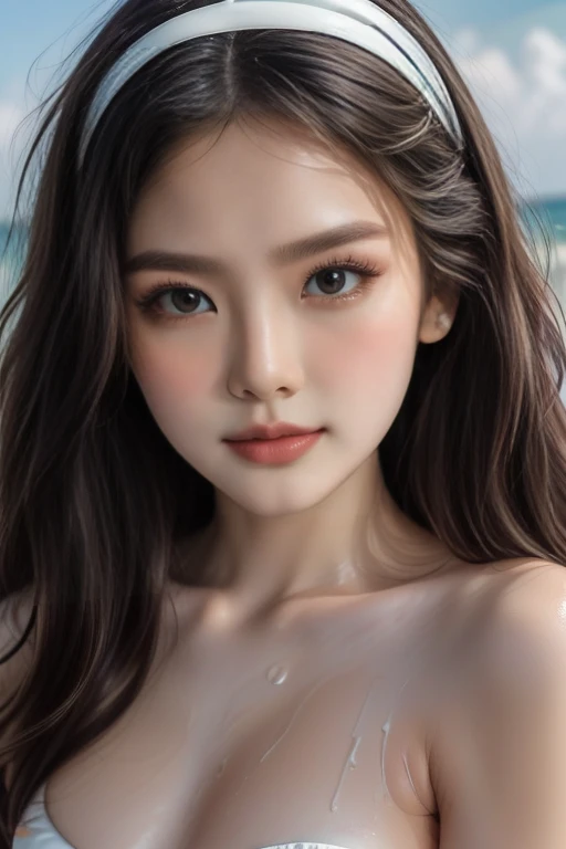 Top quality, RAW Photo, Highest Quality Image, 16K, Full body, Age 18, Realistic, Photorealistic,  Beautiful Thai woman, Sexy, body, White pale skin, ((( Multicolor Hair ))), ((( Wet Hair ))), ((( Beautiful Hair ))) , ((( wavy hair ))), Detailed face, Detailed body, ((( Natural Beauty, No Face Makeup, Remove Makeup ))), Detailed skin, Double eyelids, Very Big eyes, long eyelashes, bright eyes, green eyes, natural lips, detailed lips, ((( Very Small breasts, Flat Breasts ))), ((( lovely posing ))), posing at beautiful private beach at Maldives , sunny day light,  ((( Sexy Plain White Bimini Swimwear )))((( piercings ))), ((( piercing bellybutton with jewelry ))),  ((( has sunglasses on hairband )))