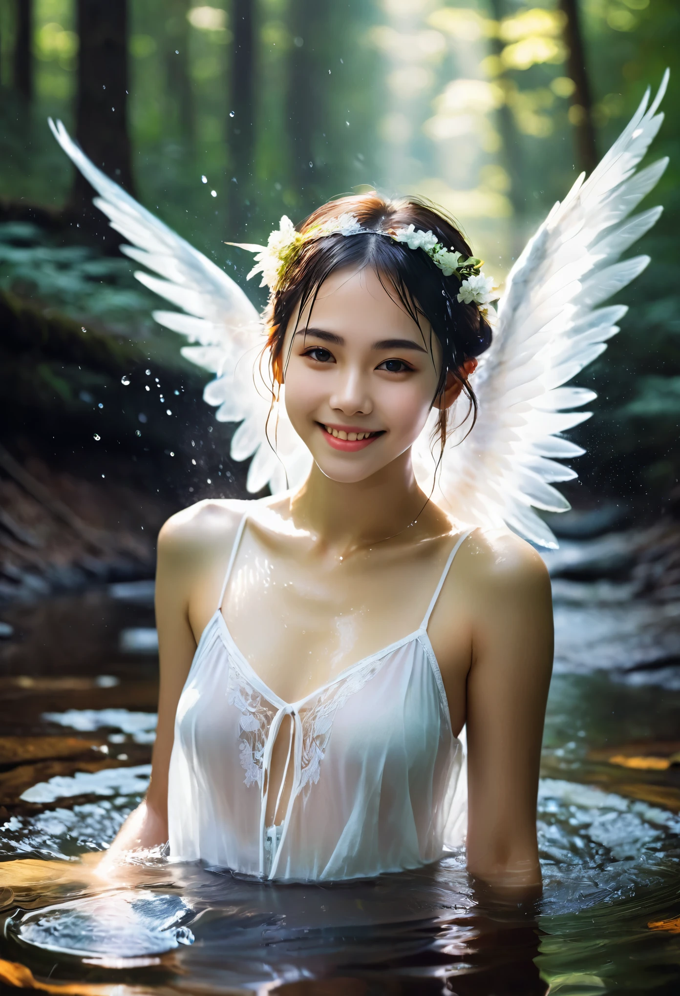 NSFW, Extremely realistic, UHD, Focus, ((Best quality, 8K, Raw, Photography realistic:1.5)), (Masterpiece, Extremely high quality), hyper realistic skin, epic skin, 1girl, very cute face, 18 years old, ((young girl), very beautiful face, perfect face, hyper realistic face, perfect lips, wet lips, realistic lips, ultra detailed face, short hair, wearing a crown, gold necklace decorated with colored diamonds, earrings, has white shining big and wide wings, realistic giant wings, (big wings:1.3), spreading wings, sweaty, no clothes, beautiful body, naked body, nude body, small breasts, hanging breast, breast exposed, realistic breasts, realisticc nipple, very cute nipple, very body wet, ((wet body:1.3)), ((pubic hair:1.2), vagina exposed, she is an angel, sitting on a rock, bathing, ((bathing activity:1.2), in a small lake, waterfall in the background, in the forest, body shining,((body wet)), wide spreading legs, very clear water, lots of fish, (fish in water:1.0), beautiful views, flowers, birds, full body shot portrait, best auto color balanced, highly detailed, hyper realistic shadow, hyper realistic dramatic lighting, cinematic ki, Hyper realistic background, hyper realistic for all, ultra detail for all, Ultra clean photo, ((Art photo result of Leica M3D-2 Camera and Canon lens 5200 mm f/14)), (candid photo:1.2)), ((long distance shot:1.5)), Cowboy shot.