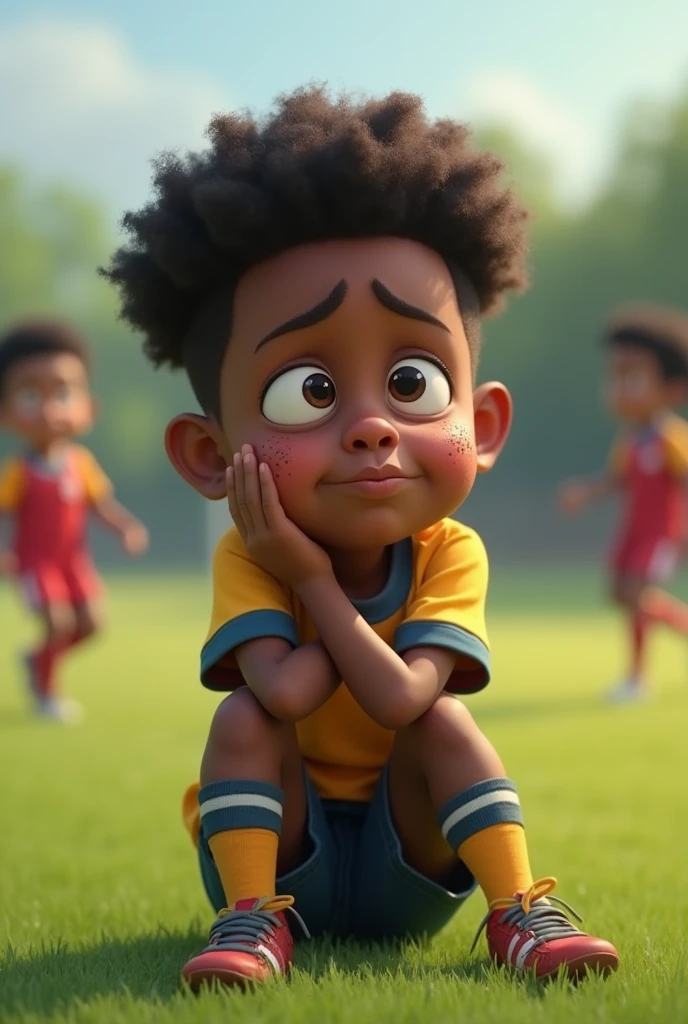 Create an animated dark-skinned boy who is in pain because he was pushed while playing soccer at school 