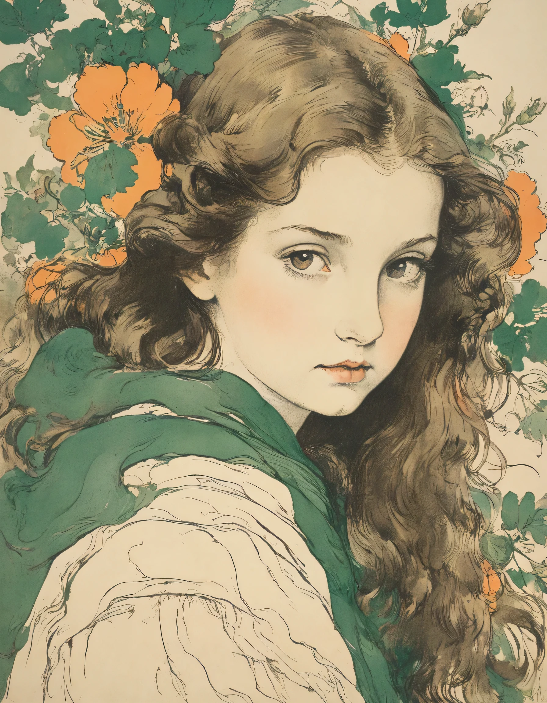 Brilliantly expressing the characteristics of the motif with only a few lines, lithographs, prints, palettes of dark green, orange and brown, accurate expression of dainty and ephemeral beauty, 1 girl, early teens, upper body, close up, lithograph, masterpiece