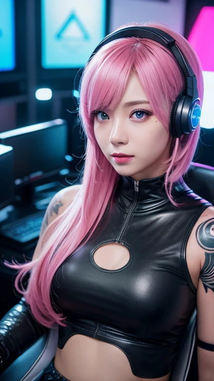 Masterpiece,Resolution 8K,Beautiful down to the last detail,Futuristic server room in the background、Wear headphones、Pink-haired female DJ operating turntables。She is wearing a black leather vest and a red top.、The scene is a fusion of technology and music.。。