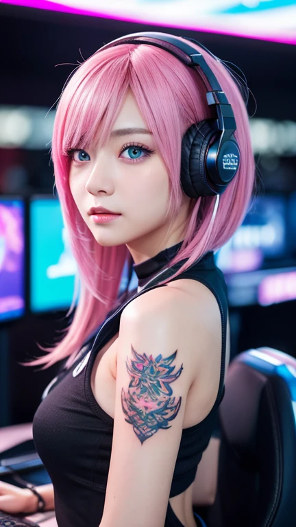 A girl,Fuchsia hair,With silver headphones,Blue eyes,Red lips are attractive,The upper part of the body,white shirt,cropped shoulders,huge tit,There are tattoos on the shoulders