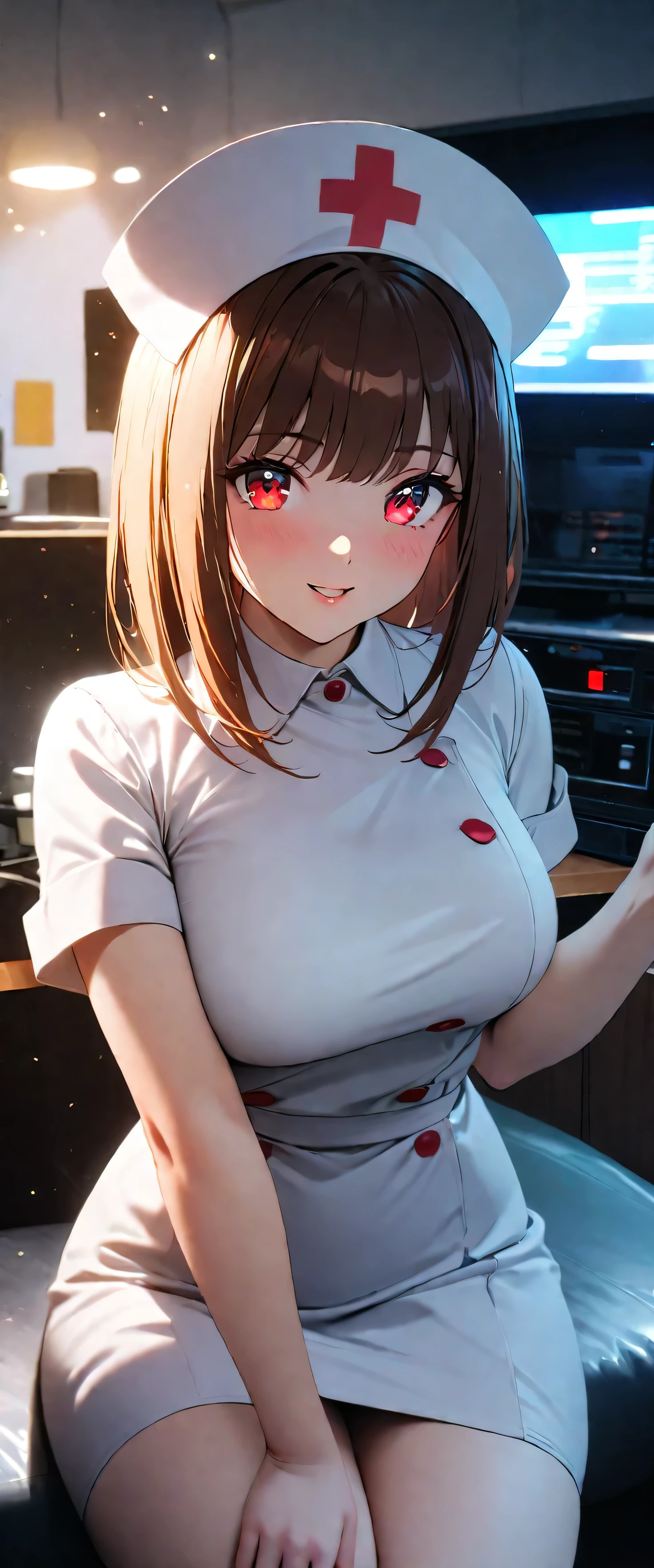 (beautiful girl: 1.3),1girl,masterpiece,Highest quality,Ultra-high resolution,rich contrast,super high quality,8k,Highly detailed CG unit wallpaper,texture,Incredibly absurd,RAW Photos,Highest quality anime,Depth of Field 1.2,Ultra-detailed eyes,Glowing Skin,Glitter effect,Beautiful glossy lips,(Brown Hair,Sharp Bob),Red Eyes,nurse uniform,Nurse working at the hospital,exceptional smile,white nurse uniform,Large Breasts,Big Round Ass,,Sit and pose