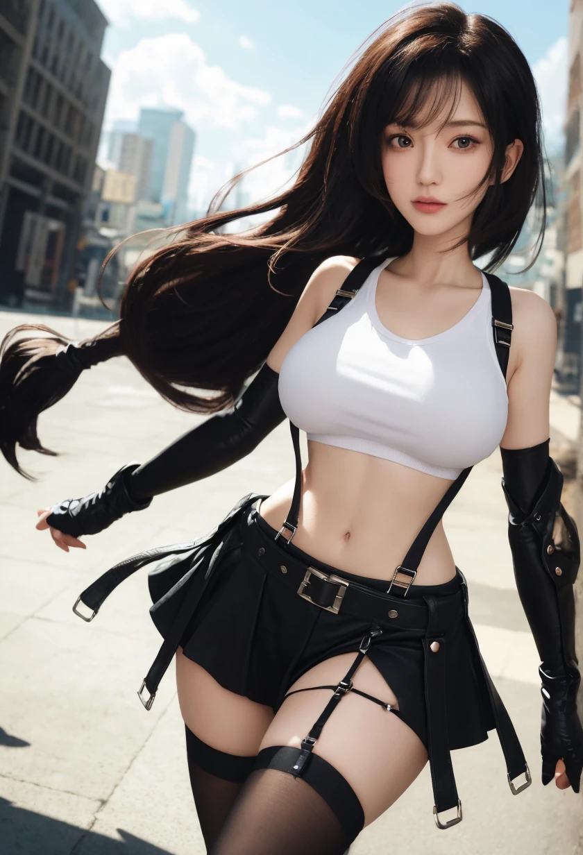 (8K, Highest quality, masterpiece:1.2), (Realistic, photo-Realistic:1.37), Are standing, Spread your legs, Spread your legs, (Wide Stance), Super detailed, 1 Girl,cute, alone, (Tifa Lockhart), (Huge breasts:1.5), (beautiful detailed eye), (smile:1.2), (Mouth closed), Sharp focus, Depth of written boundary, Good composition, Final Fantasy VII, Black Hair, Very long straight hair, Hair bangs, ((red_eye)), Complex, Bokeh, Perfect breasts, (topless:1.5) suspenders, stockings, Lace gloves, Toned body, Athletic ability, Wide Hips, Narrow waist, Toned arms, Exposed belly, (View from the front) (信じられないほど巨大なHuge breasts, Huge breasts:1.6)