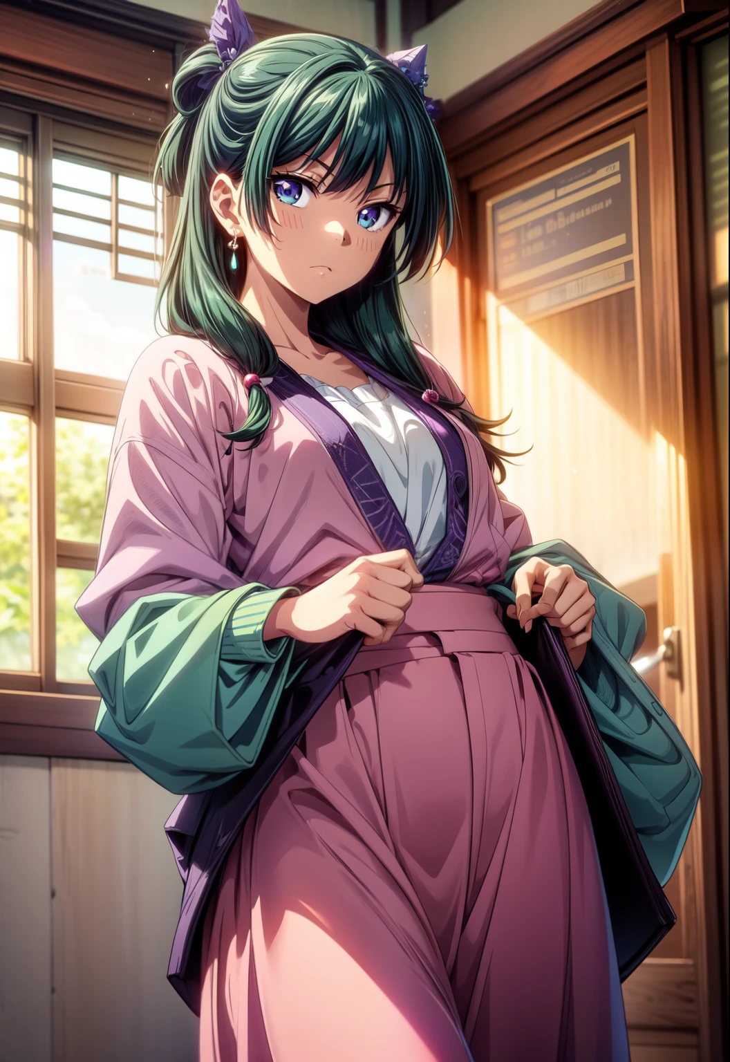 (Masterpiece, Ultra-high resolution, High Quality, Top quality, High-Detailed, Detailed CG, Cinematic Shadow, Cinematic Scene, Beautiful Detailed Eyes, Ultra Resolution, Depth of Field, High Resolution, Masterpiece: 1.2, Commission For High Res), SFW Version, Looking at the View, Down View, Detailed Hair, Green Hair, Detailed Eyes, Blue Eyes, Purple Eye, (Gradient Color eye: From Blue To Green And Purple Color), Cute Girl, Sparkling Eyes, Hair Accessory, Earrings, Hair ornament, Small breasts, Small Chest, Slim Body, Curvy, Slender, Cleavage, Thicc, Thighs, (Expression: Angry), Anime Girl is Lifting up Skirt, School Uniform, Short skirt, Panties See Under Skirt, Balc Panties, Blue Sky, Lift Up Skirt.