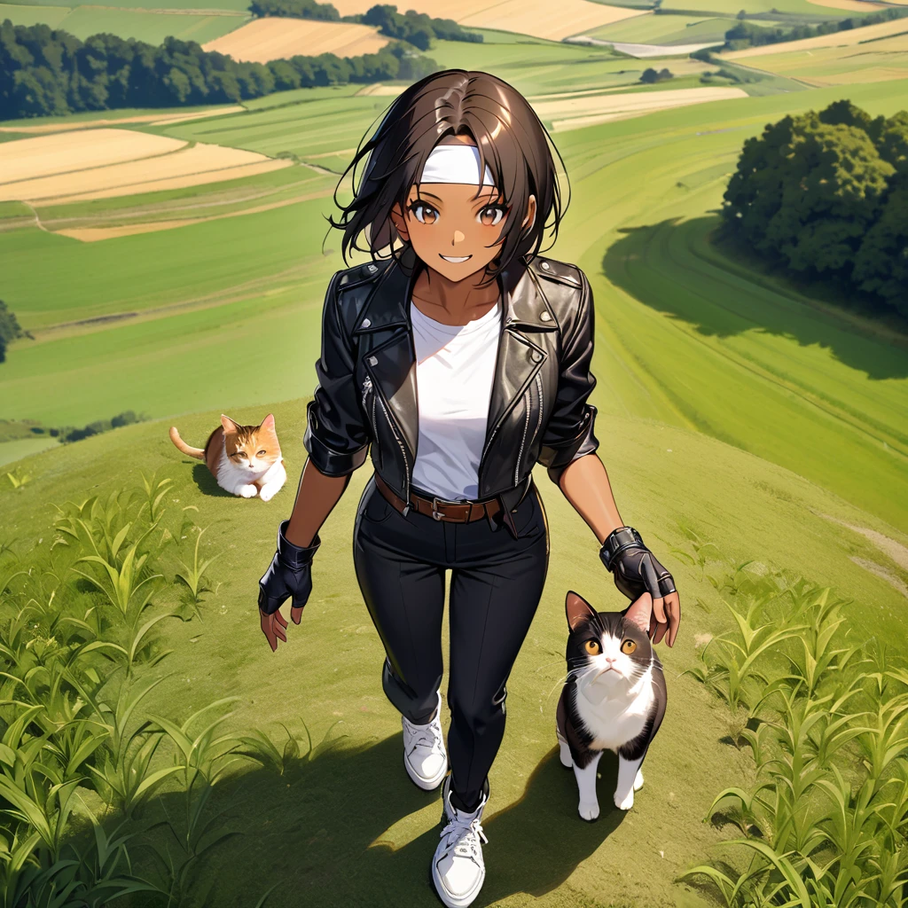 adventurer, cat, dark skin, short hair,gray hair,1girl, bench, sitting, outdoors